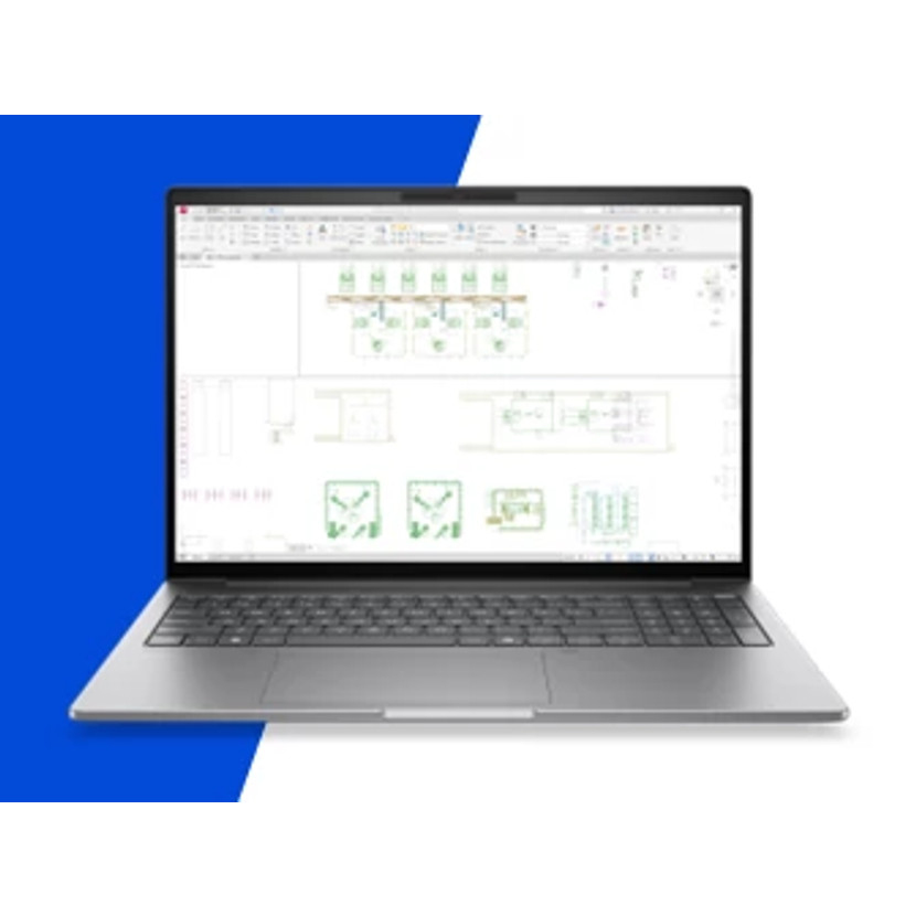 Ein silberner Laptop auf blau-weissem Hintergrund zeigt technische CAD-Zeichnungen auf dem Bildschirm.