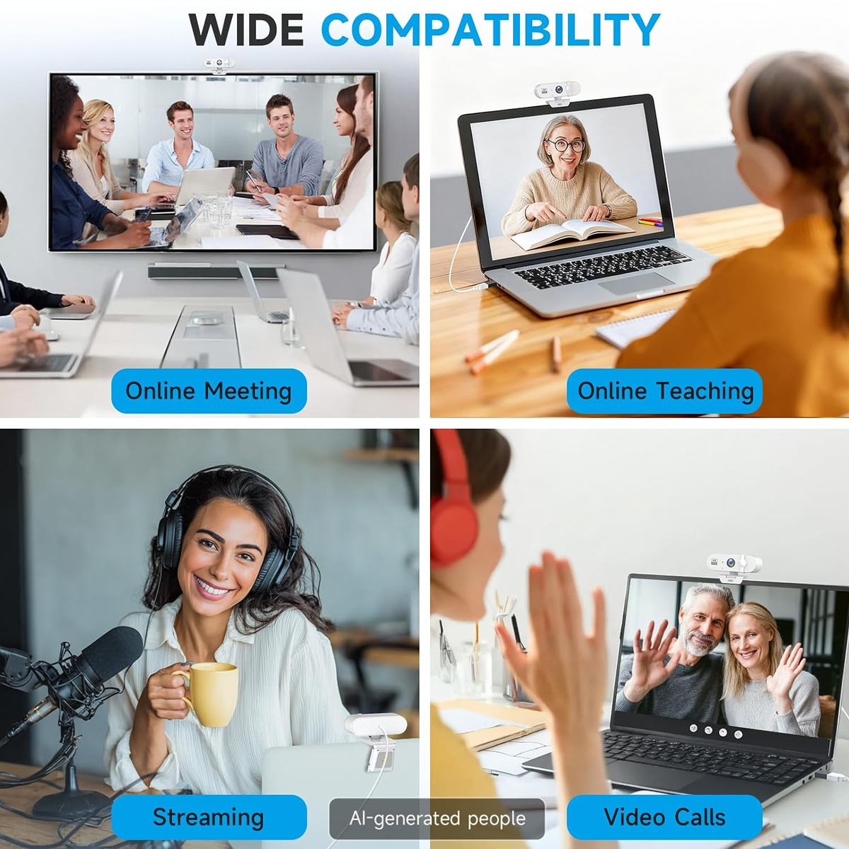 Vier Felder zeigen die breite Kompatibilität einer Webcam für Online-Meetings, Unterricht, Streaming und Videoanrufe.