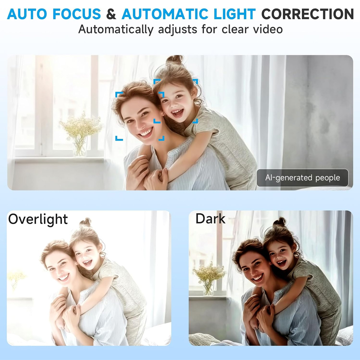 Autofokus und automatische Lichtkorrektur mit einer Mutter und Tochter in drei Bildvergleichen.