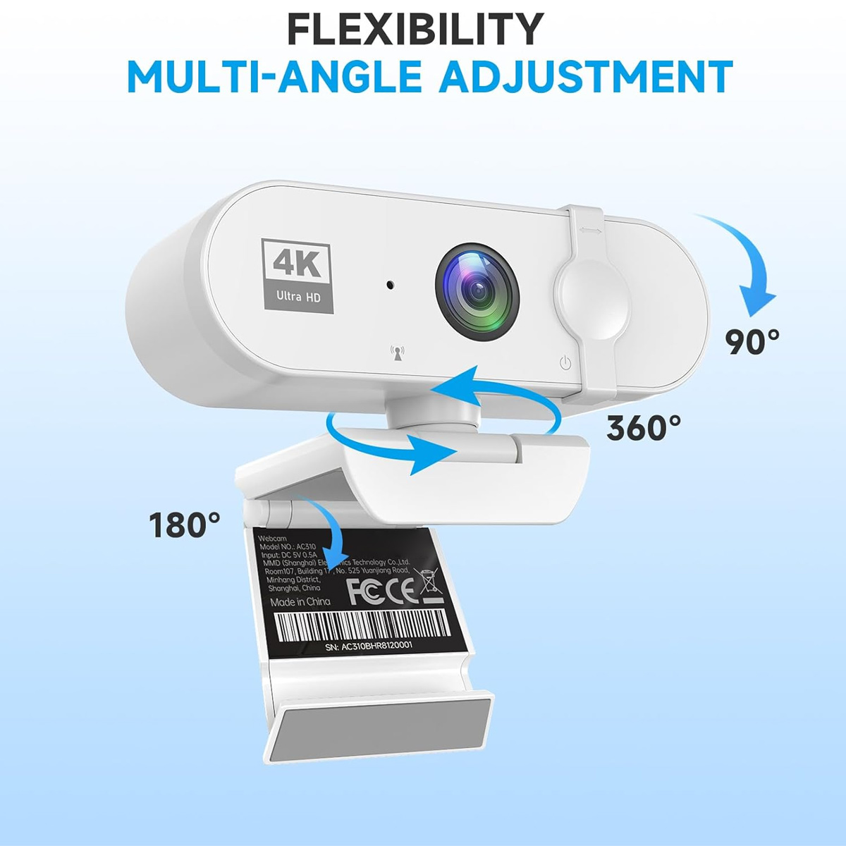 Eine weiße 4K-Webcam mit Multiwinkel-Verstellung, 90 Grad, 360 Grad und 180 Grad Drehungsoptionen.
