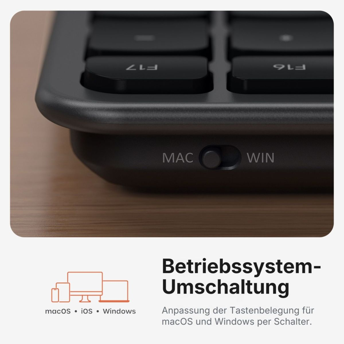 Eine schwarze Tastaturecke zeigt einen Umschalter mit MAC und WIN für das Betriebssystem.