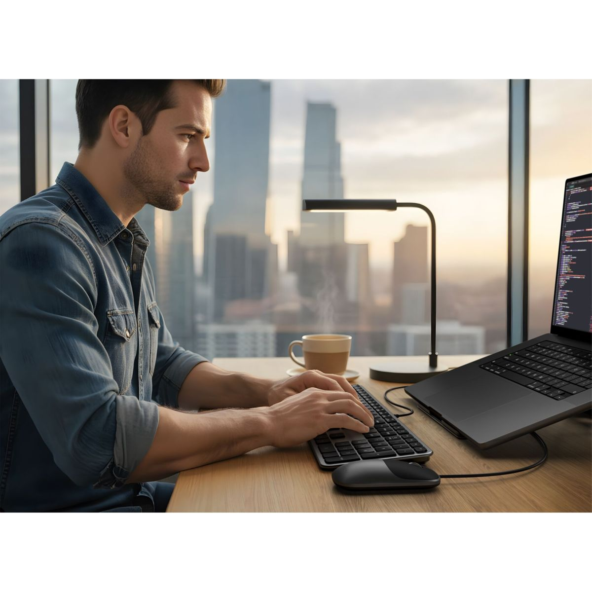 Mann in Jeanshemd tippt an Holztisch vor Laptop und Fenster mit Stadtblick.