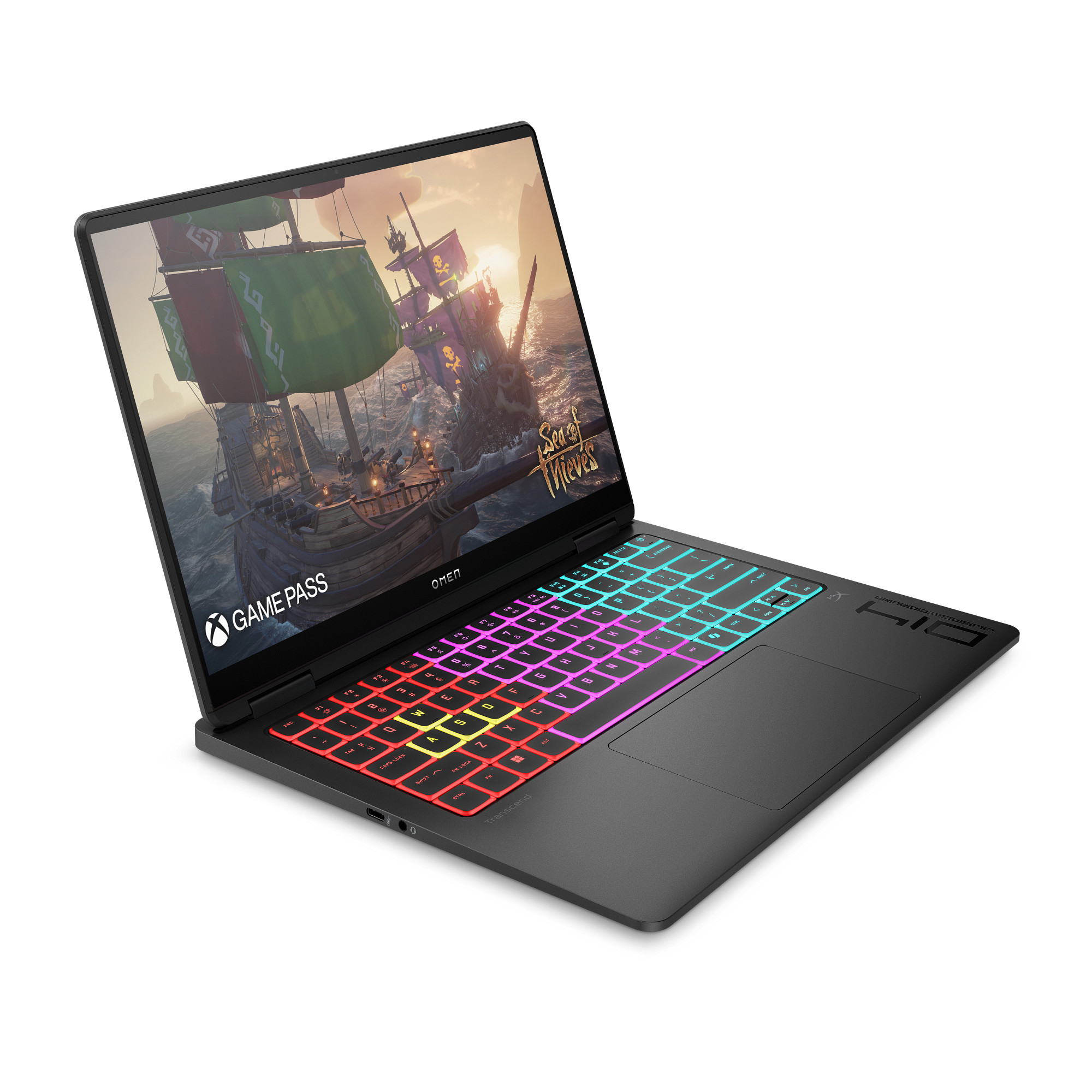 Ein schwarzer Laptop mit bunter RGB-Hintergrundbeleuchtung zeigt die Sea of Thieves Spielgrafik auf dem Bildschirm.
