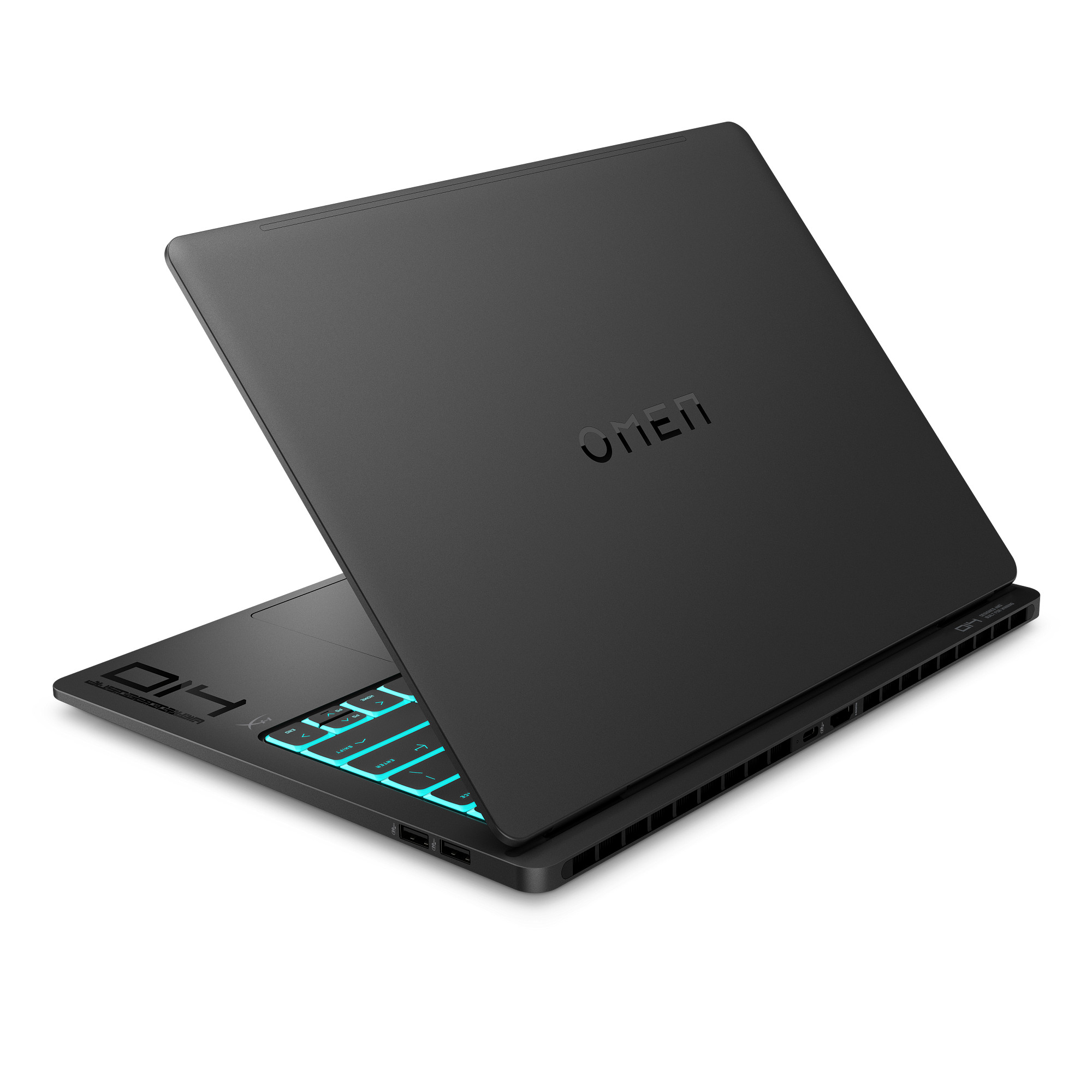 Ein schwarzer HP Omen Laptop ist schräg geöffnet zu sehen, mit leuchtend türkisfarbener Tastatur.