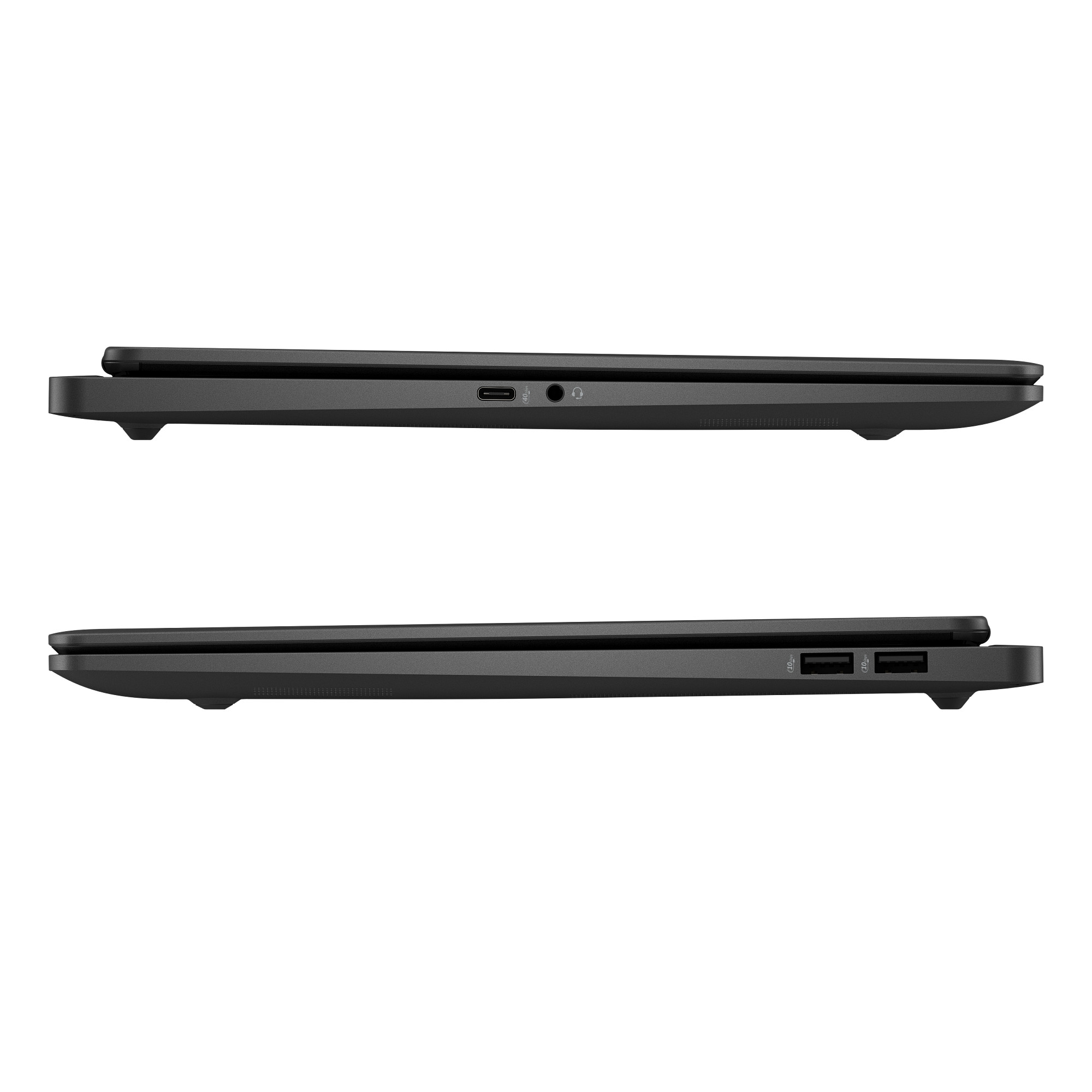 Seitenansicht eines geschlossenen schwarzen Laptops mit Anschlüssen auf beiden Seiten.