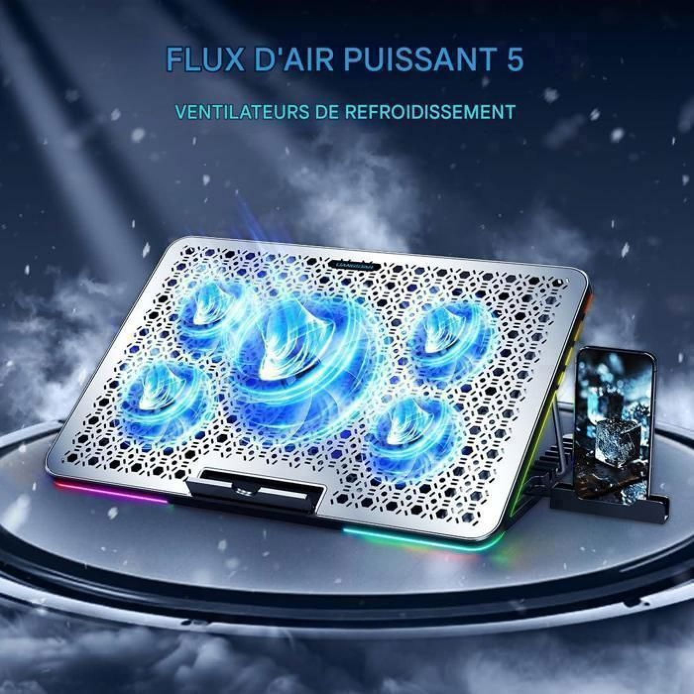Ein Laptop-Kühlpad mit leuchtend blauen Lüftern auf einer Metalloberfläche, mit französischem Text und Handyhalter.