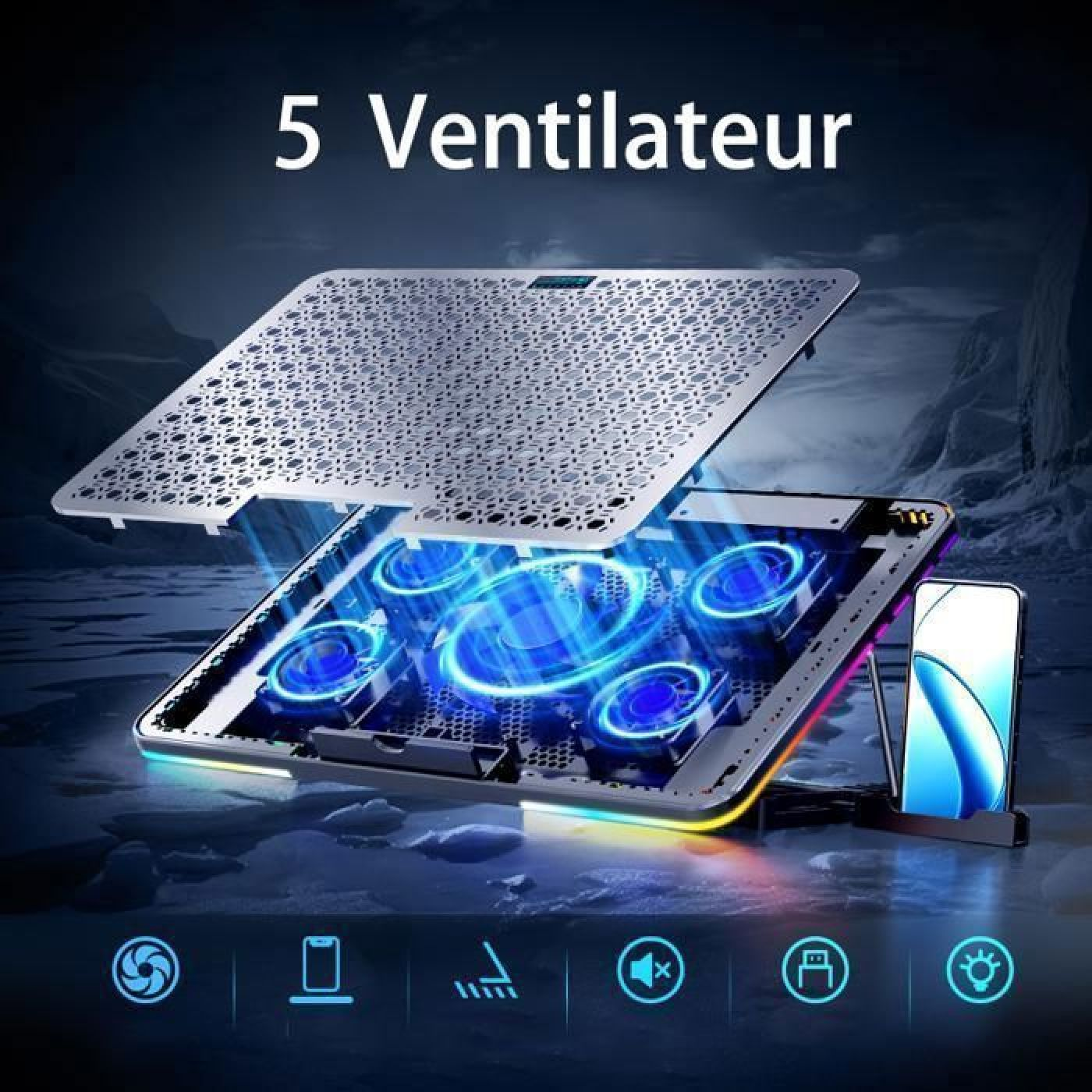Laptop-Kühlpad mit fünf blauen Ventilatoren und Smartphone-Halterung.