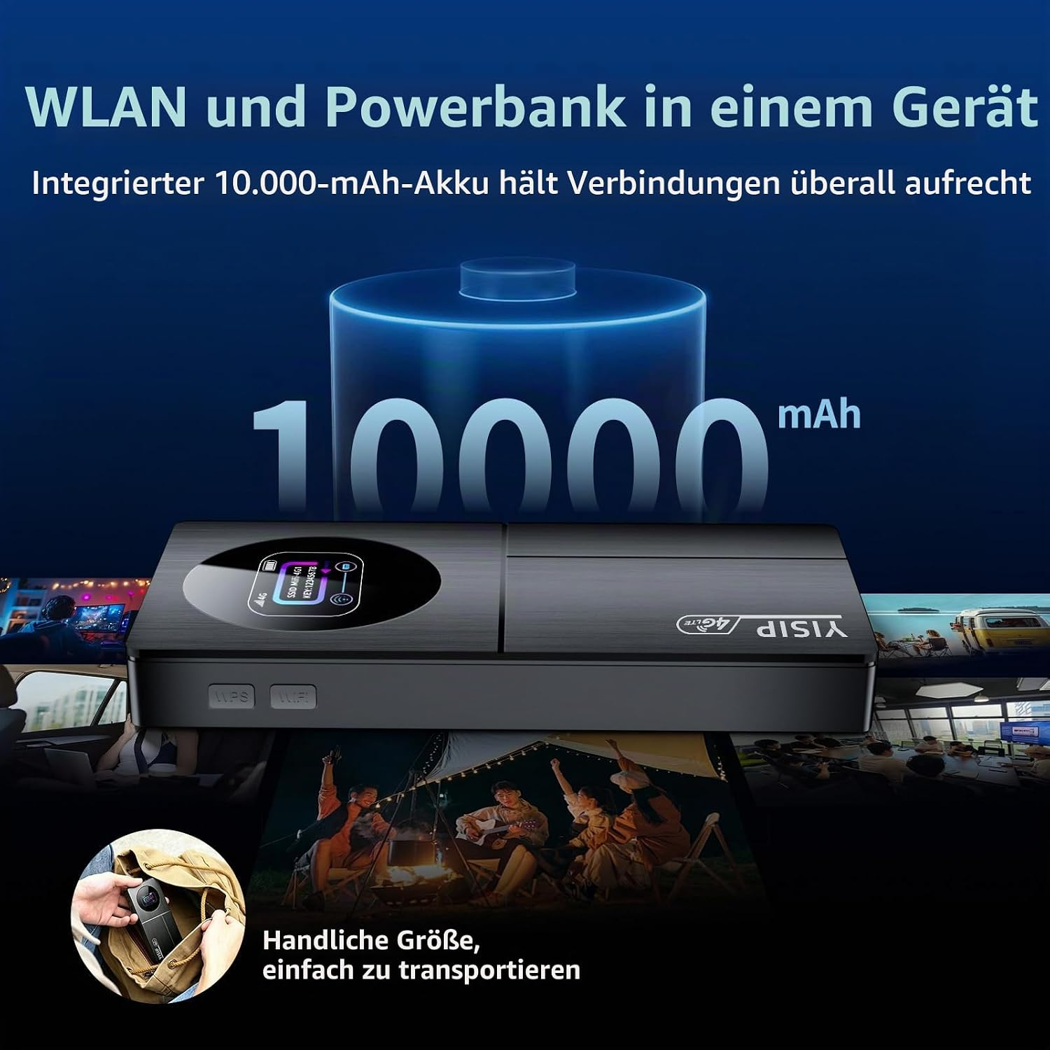 Ein tragbarer WLAN-Router mit integrierter 10.000-mAh-Powerbank und Bildern von verschiedenen Anwendungen.