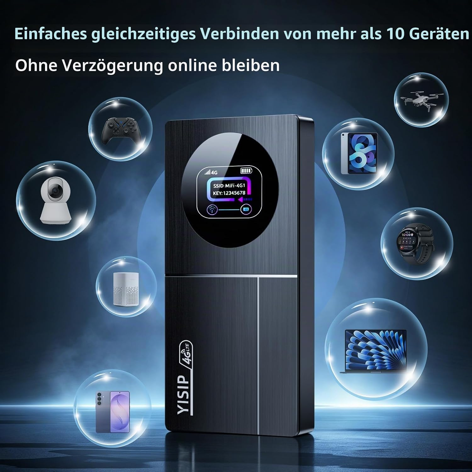 Ein schwarzer WLAN-Router in der Mitte, umgeben von schwebenden Blasen mit verschiedenen Geräten.