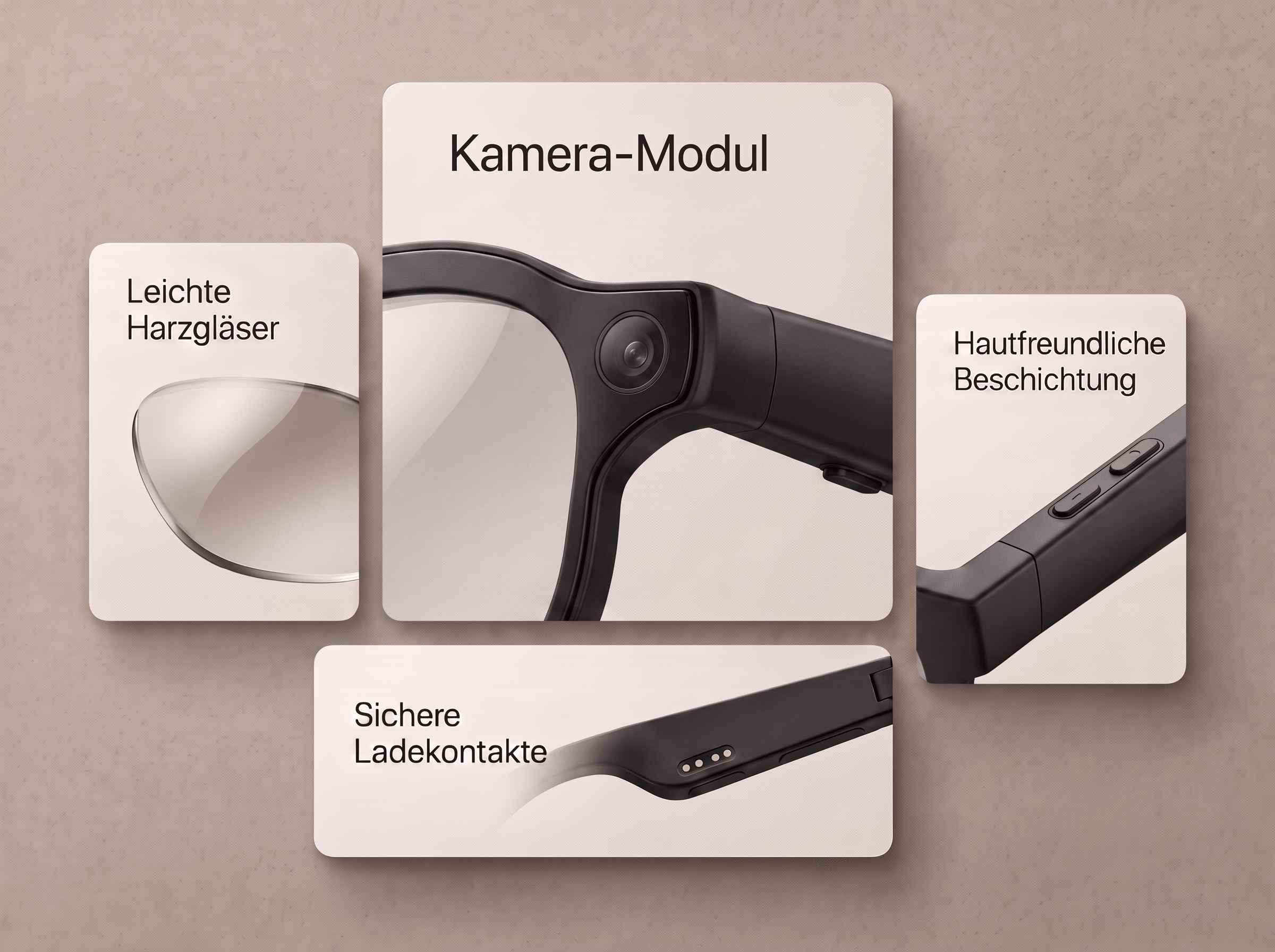 Produktmerkmale einer Smartglasses mit Kamera, Harzgläsern, Beschichtung und Ladekontakten in Detailbildern.