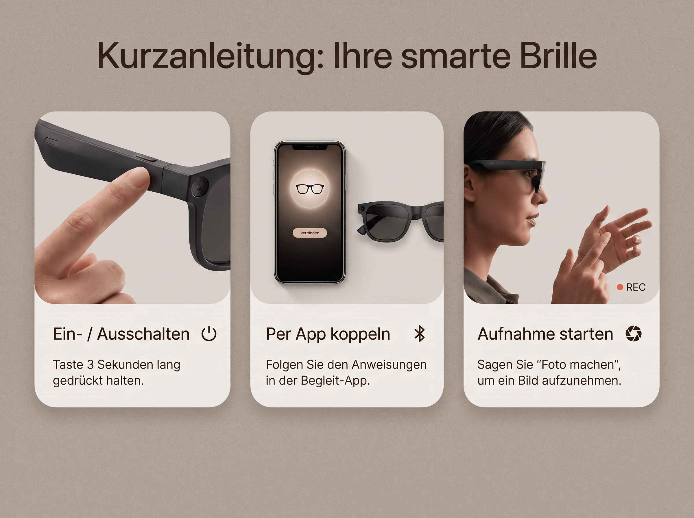 Kurzanleitung für smarte Brillen mit Schritten zum Einschalten, Koppeln per App und Starten von Aufnahmen.