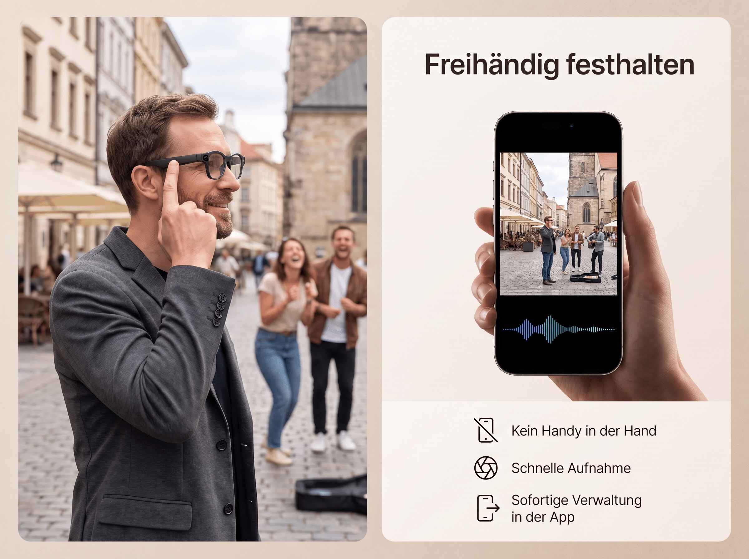 Ein Mann trägt smarte Brillen in einer Stadt, während ein Smartphone die Aufnahme anzeigt und Funktionen auflistet.