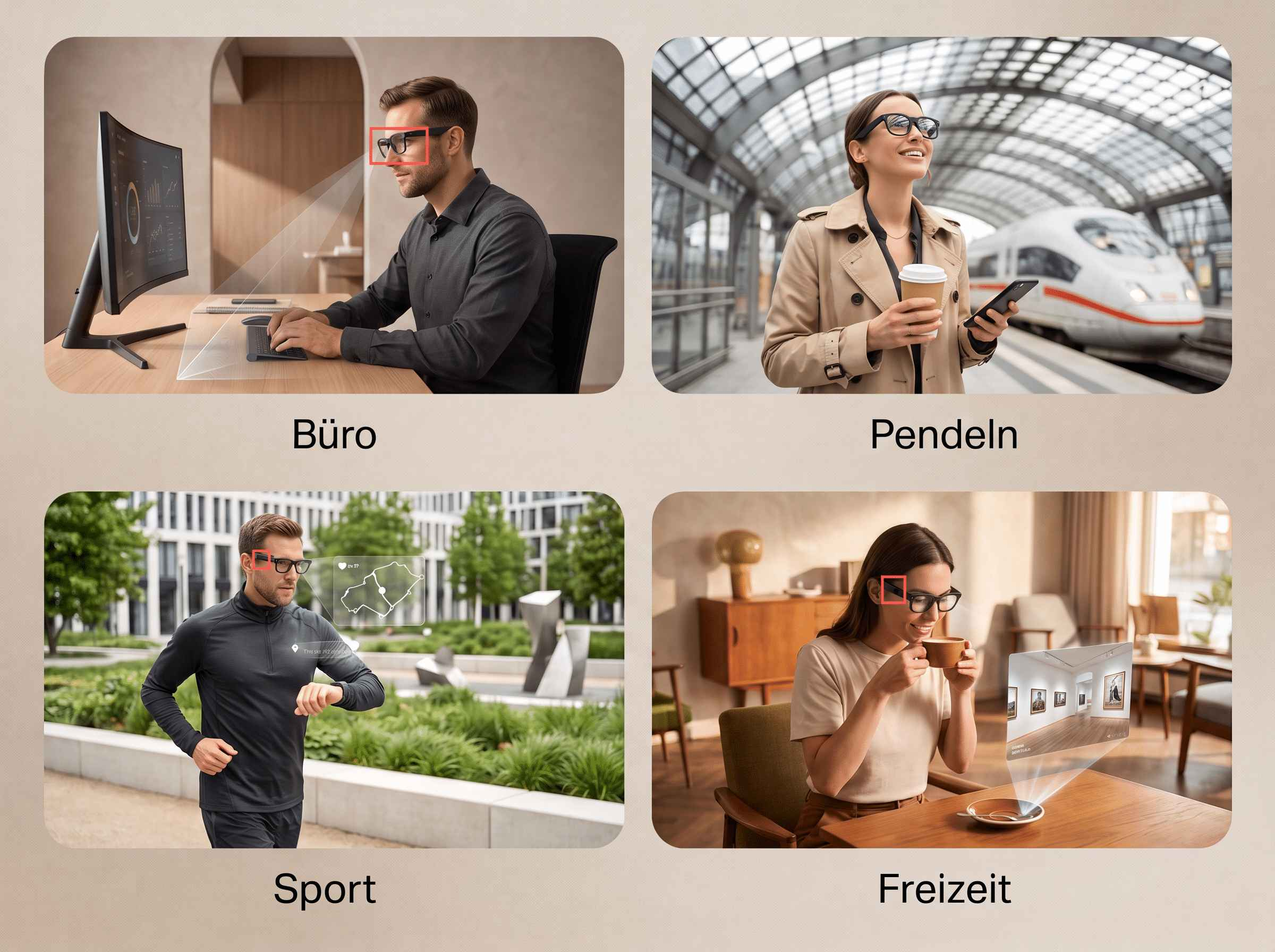 Vier Bilder zeigen eine Person mit Smart Glasses bei Büroarbeit, Pendeln, Sport und Freizeit.