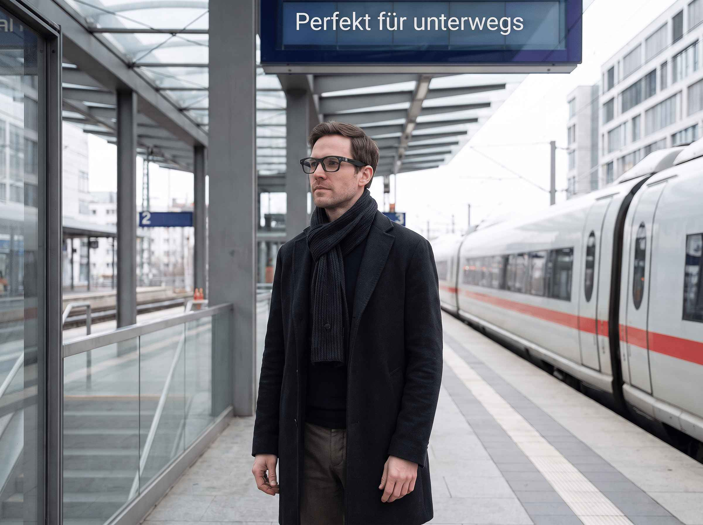 Ein Mann im Mantel steht am Bahnhof auf dem Bahnsteig, neben ihm hält ein Zug.