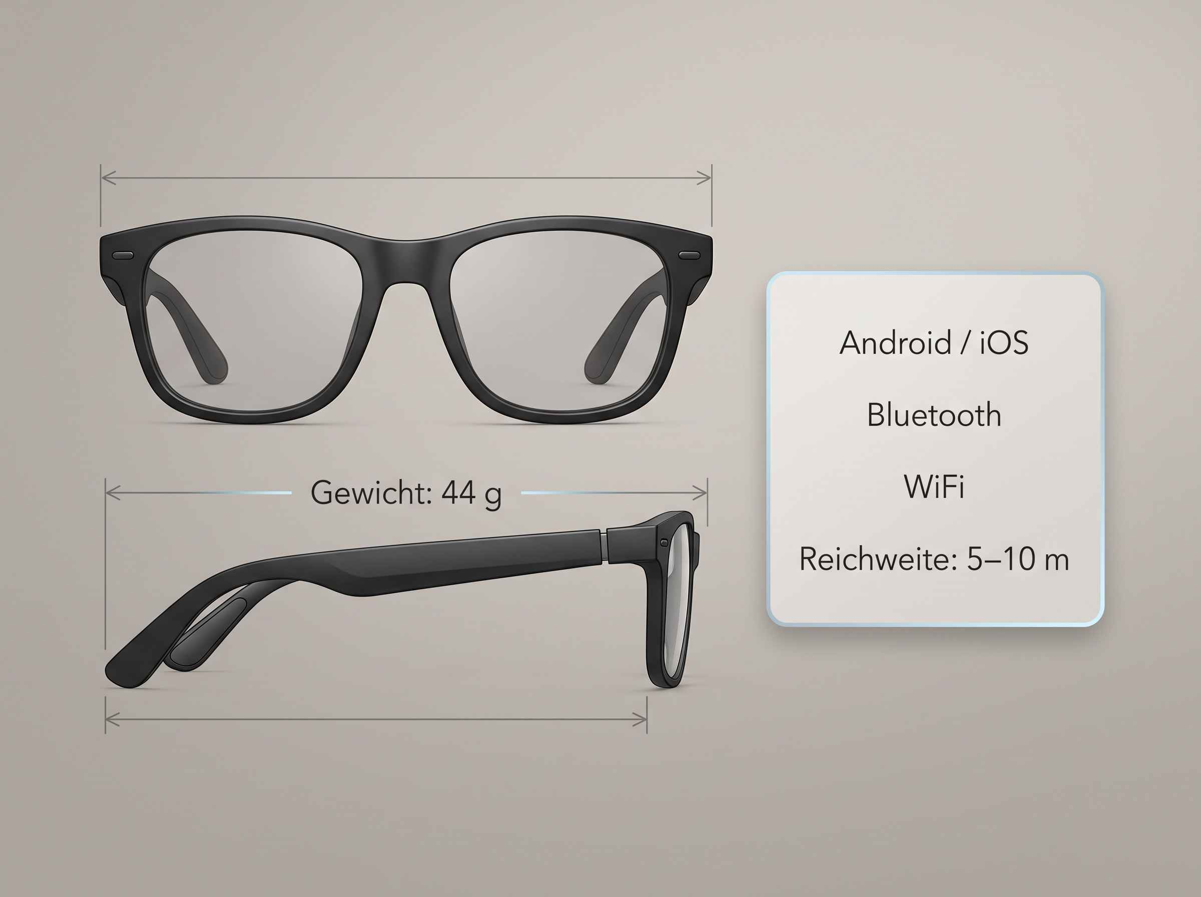 Technische Zeichnung schwarzer Brillen mit Gewichtsangabe von 44g und Funktionen wie Bluetooth und WiFi.