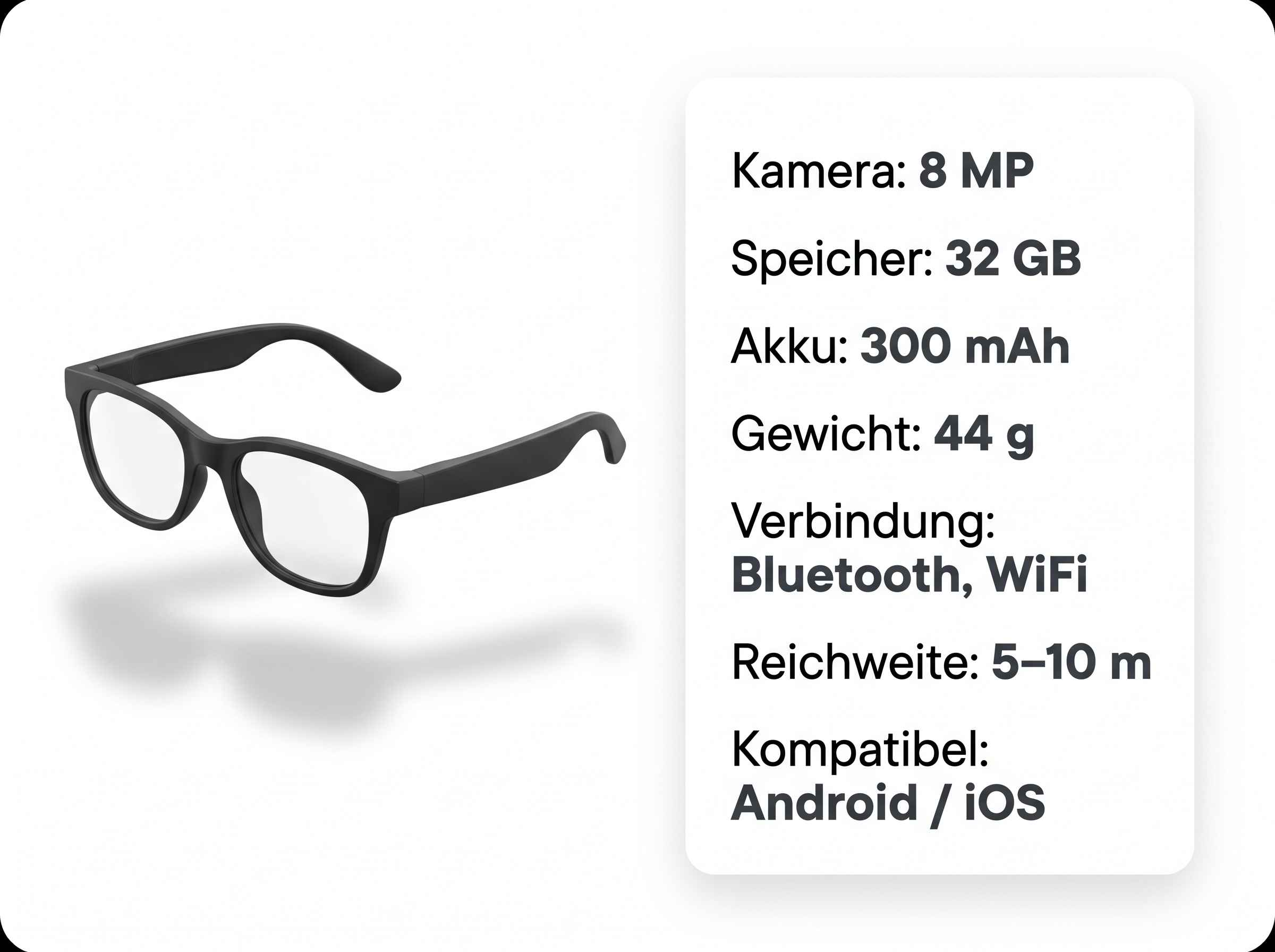 Schwarze Smart-Brille mit technischen Daten wie 8 MP Kamera, 32 GB Speicher und Bluetooth auf weißem Hintergrund.