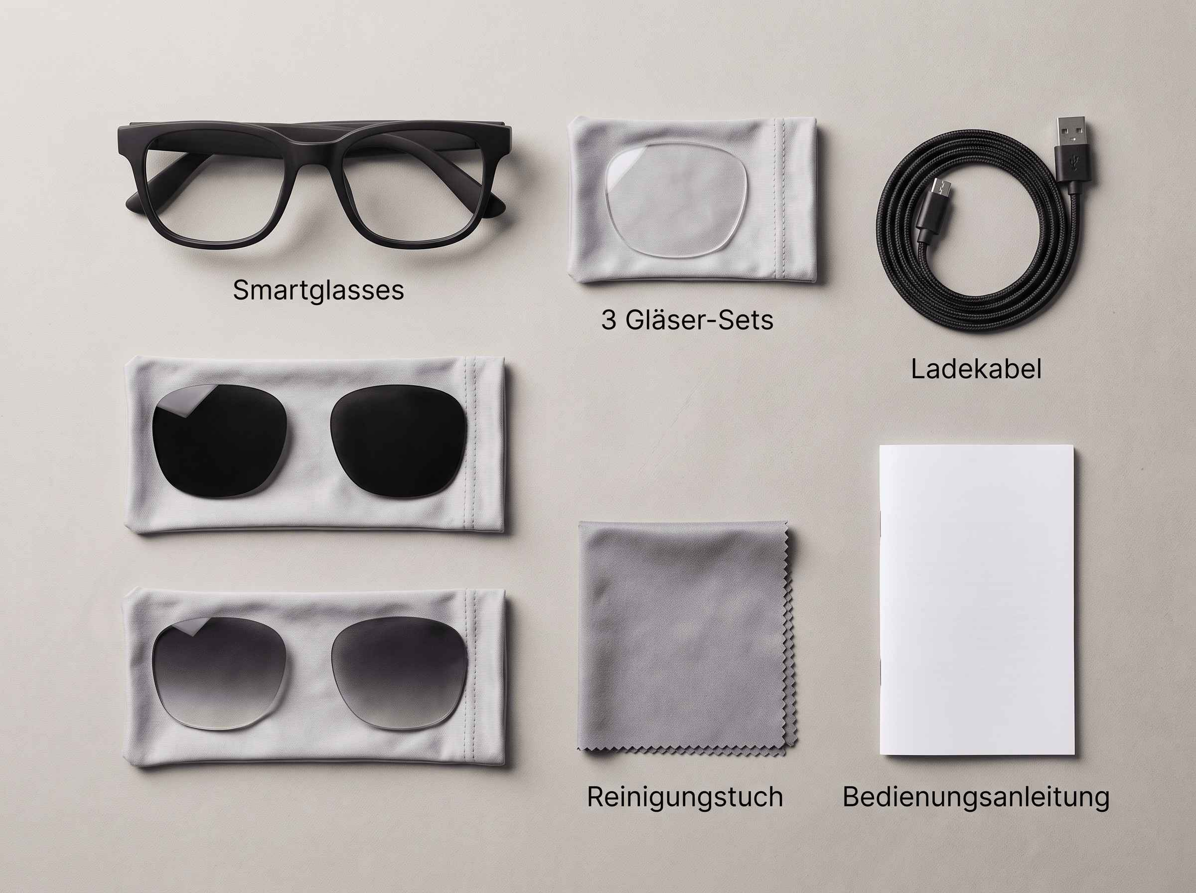 Smartglasses, Gläser, Ladekabel, Reinigungstuch und Anleitung auf grauem Grund.
