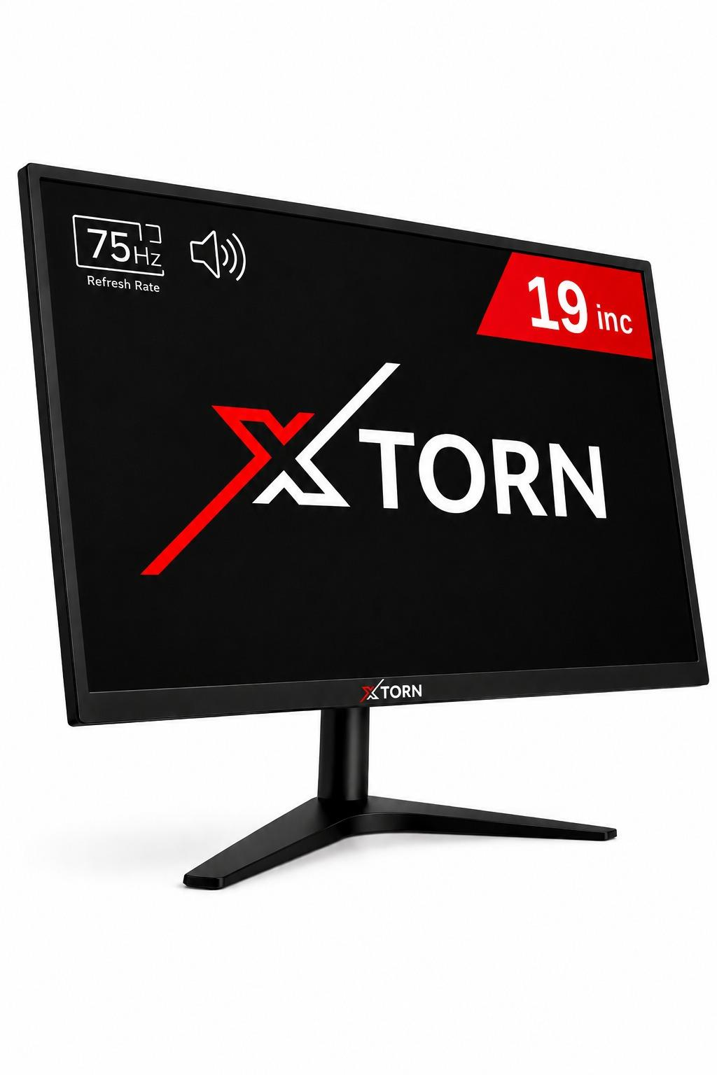 Beyaz arka planda 75Hz ve dahili hoparlörlere sahip siyah 19 inç XTORN oyun monitörü.