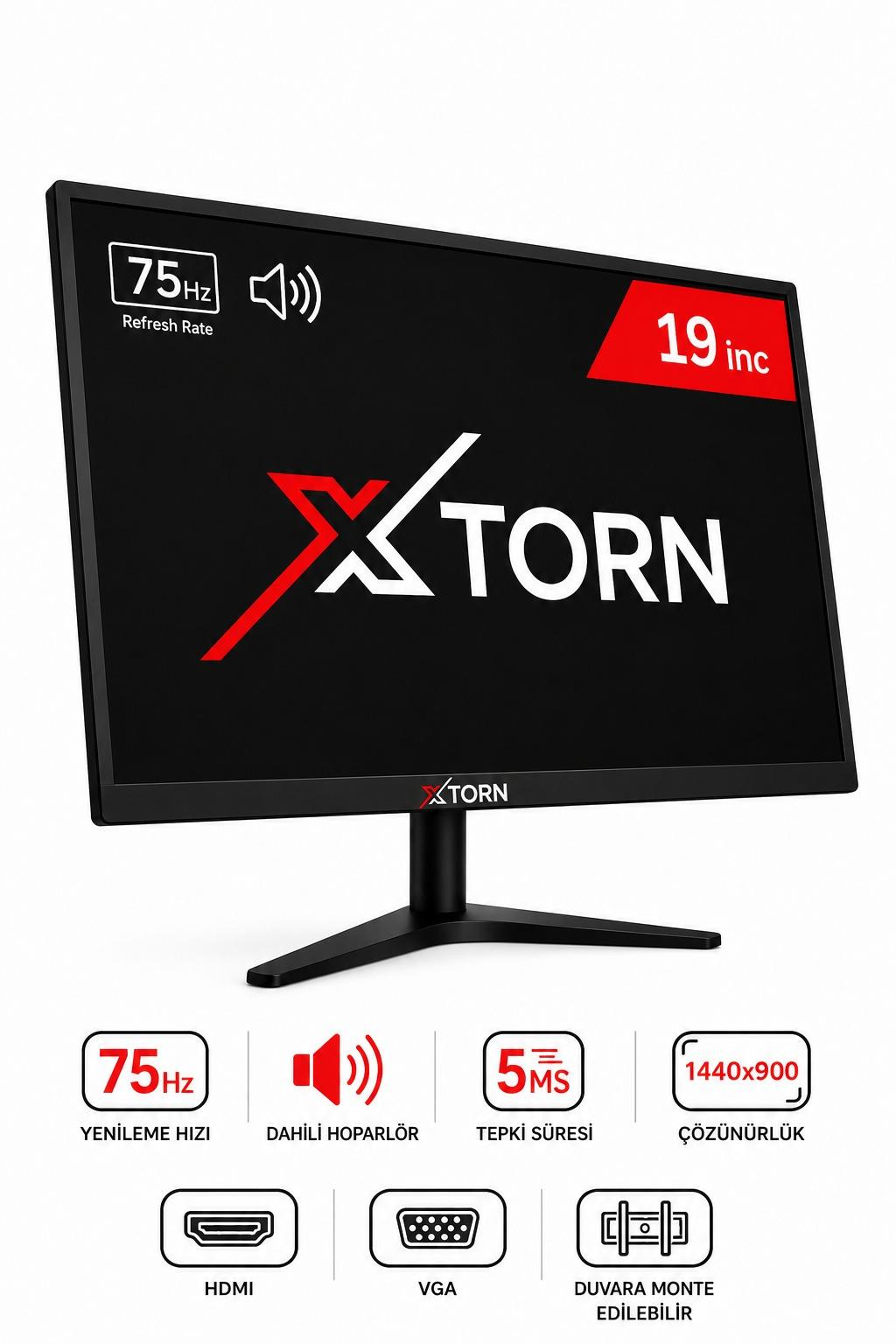 V ayaklı siyah 19 inç XTORN monitör, 75Hz ekran ve altında özellik simgeleri.