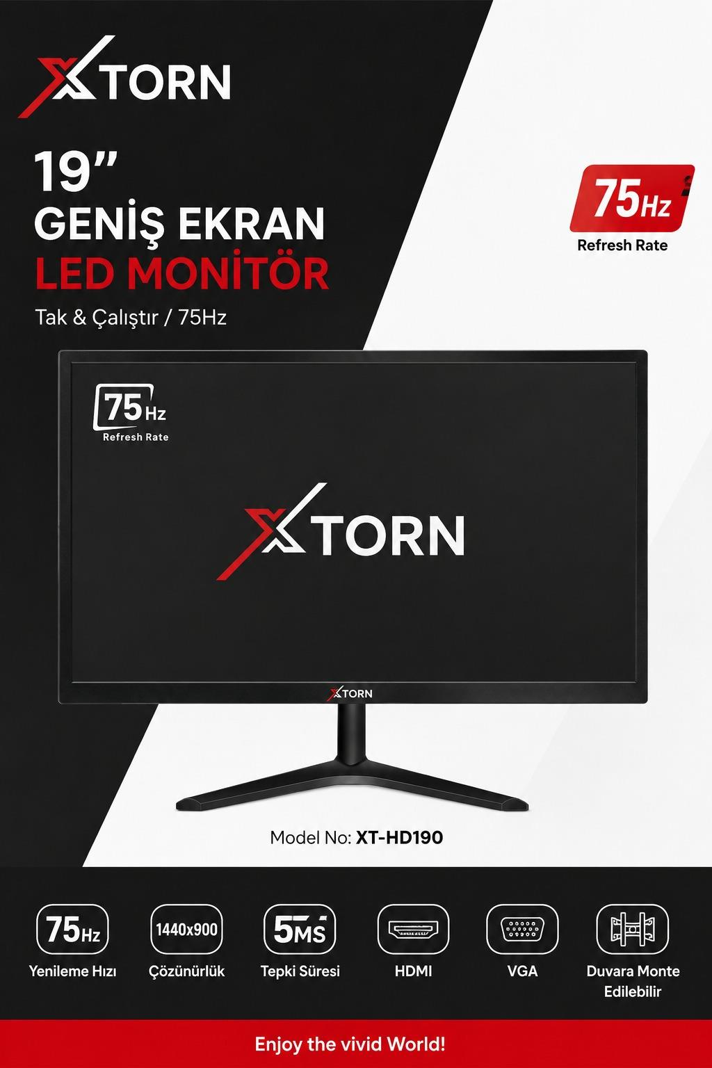 75Hz, HDMI, VGA ve duvar montaj desteğine sahip X-Torn 19 inç geniş ekran LED monitör.