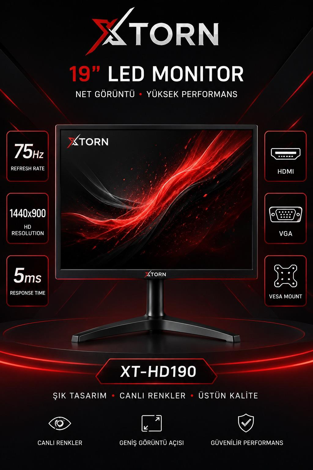 Kırmızı detaylı XTORN 19 inç LED monitör, 75Hz, 1440x900 çözünürlük ve VESA montaj desteği.