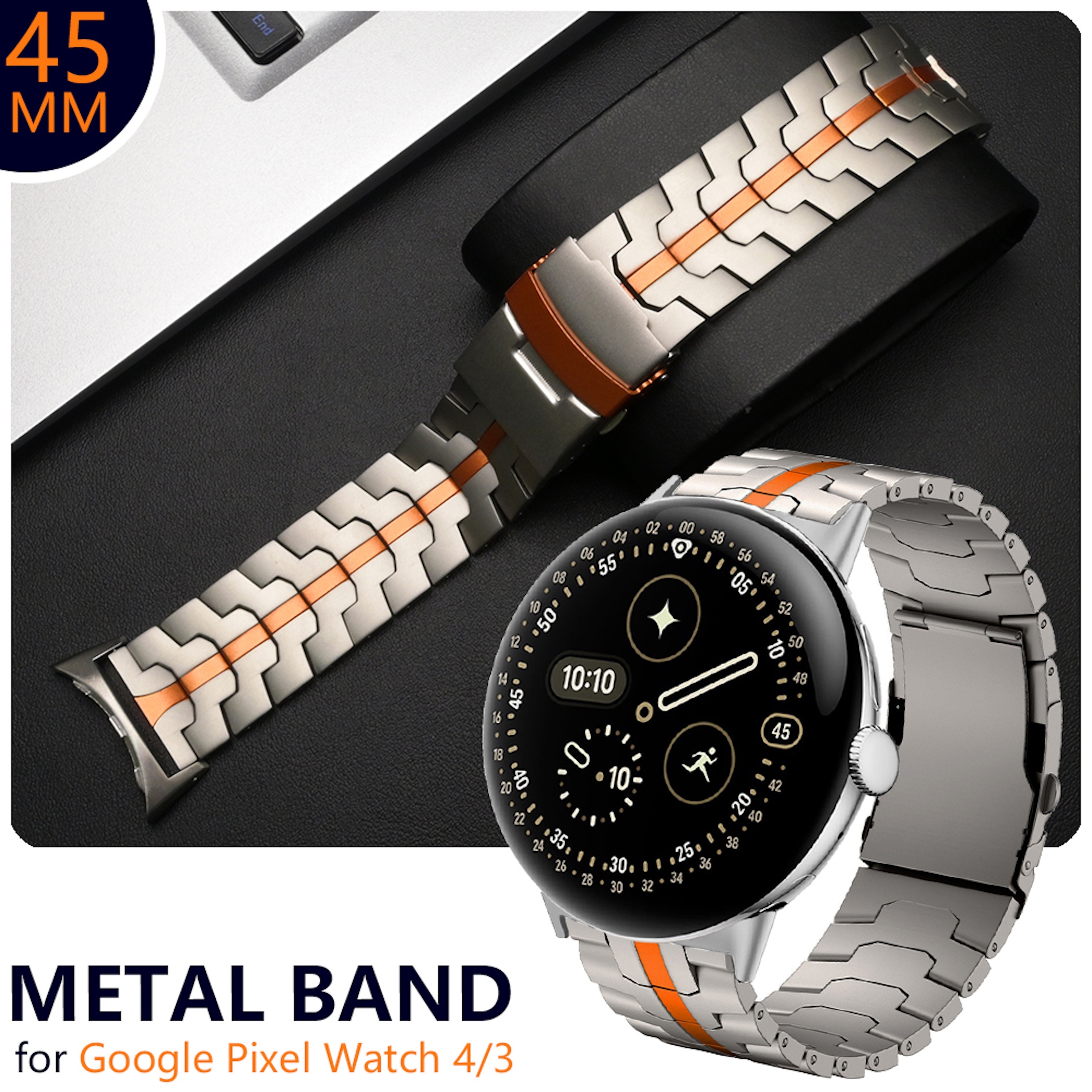 Ein Metall-Uhrenarmband mit orangem Streifen, auf einer Smartwatch und ausgebreitet auf dunklem Grund.