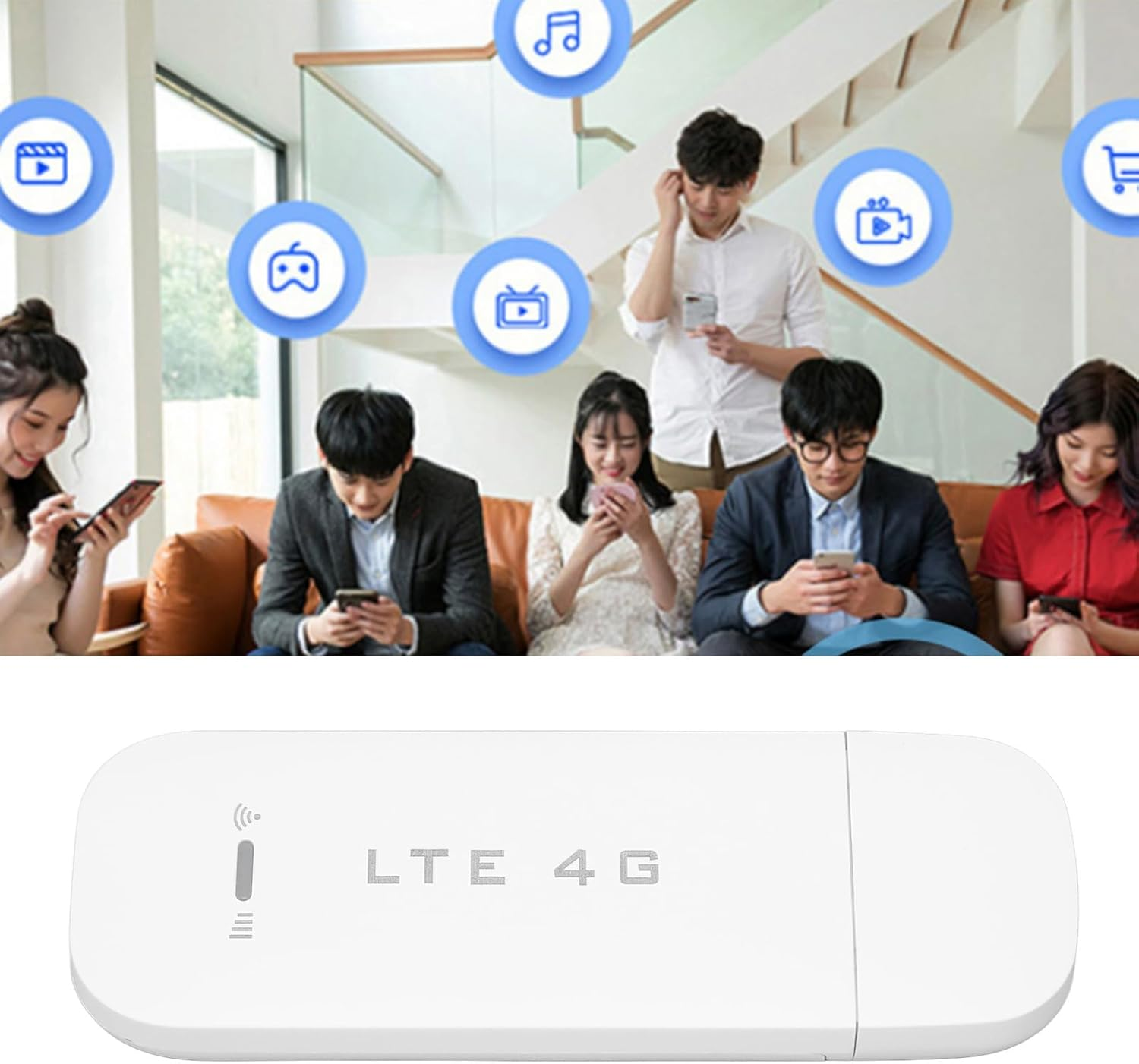 Weiße LTE 4G USB-Stick mit Signal- und Verbindungsleuchten auf der Vorderseite.