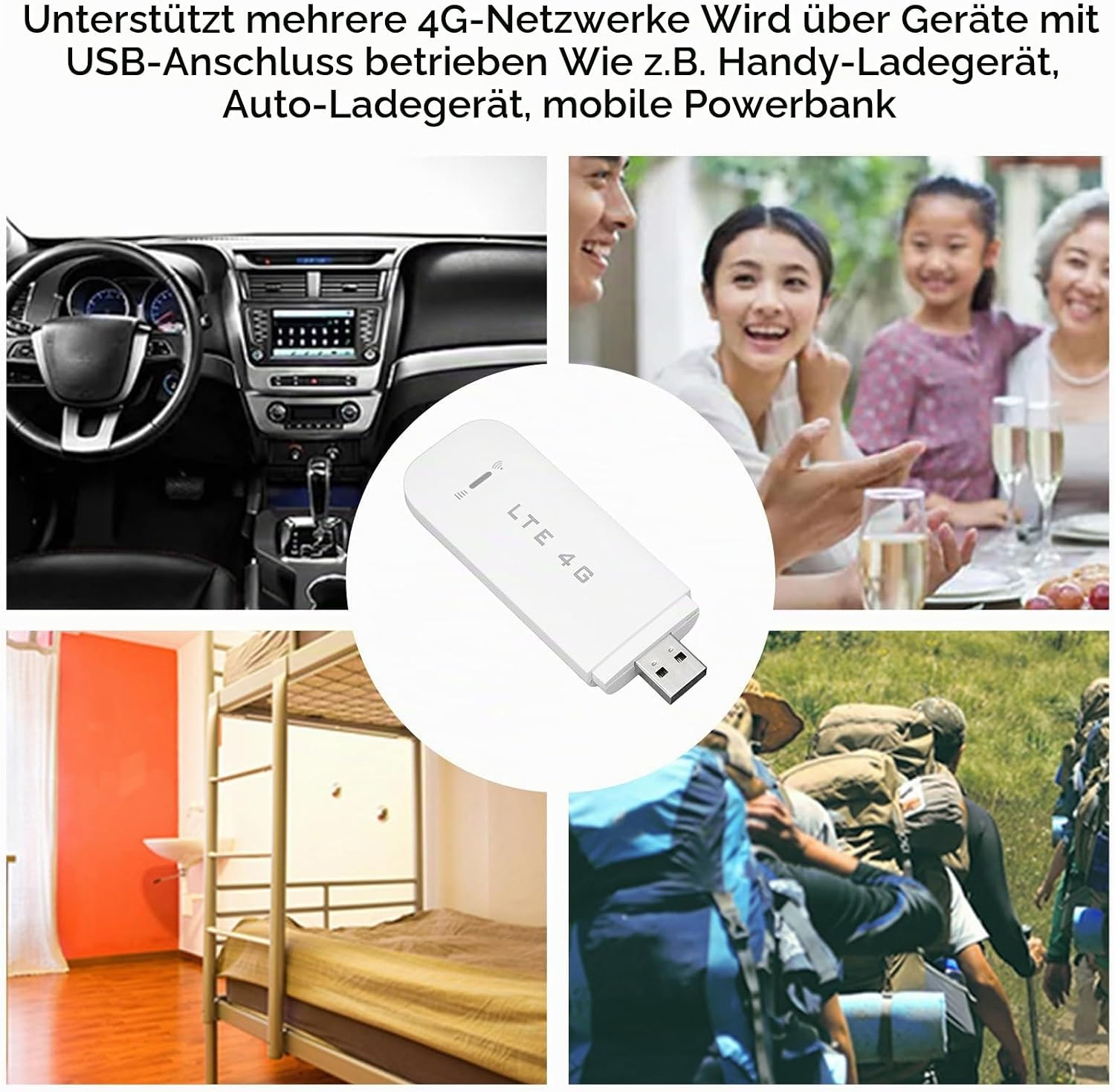 Weißer USB LTE 4G Router im Zentrum, umgeben von Bildern eines Autoinnenraums, einer Familie, eines Zimmers und Wanderern.