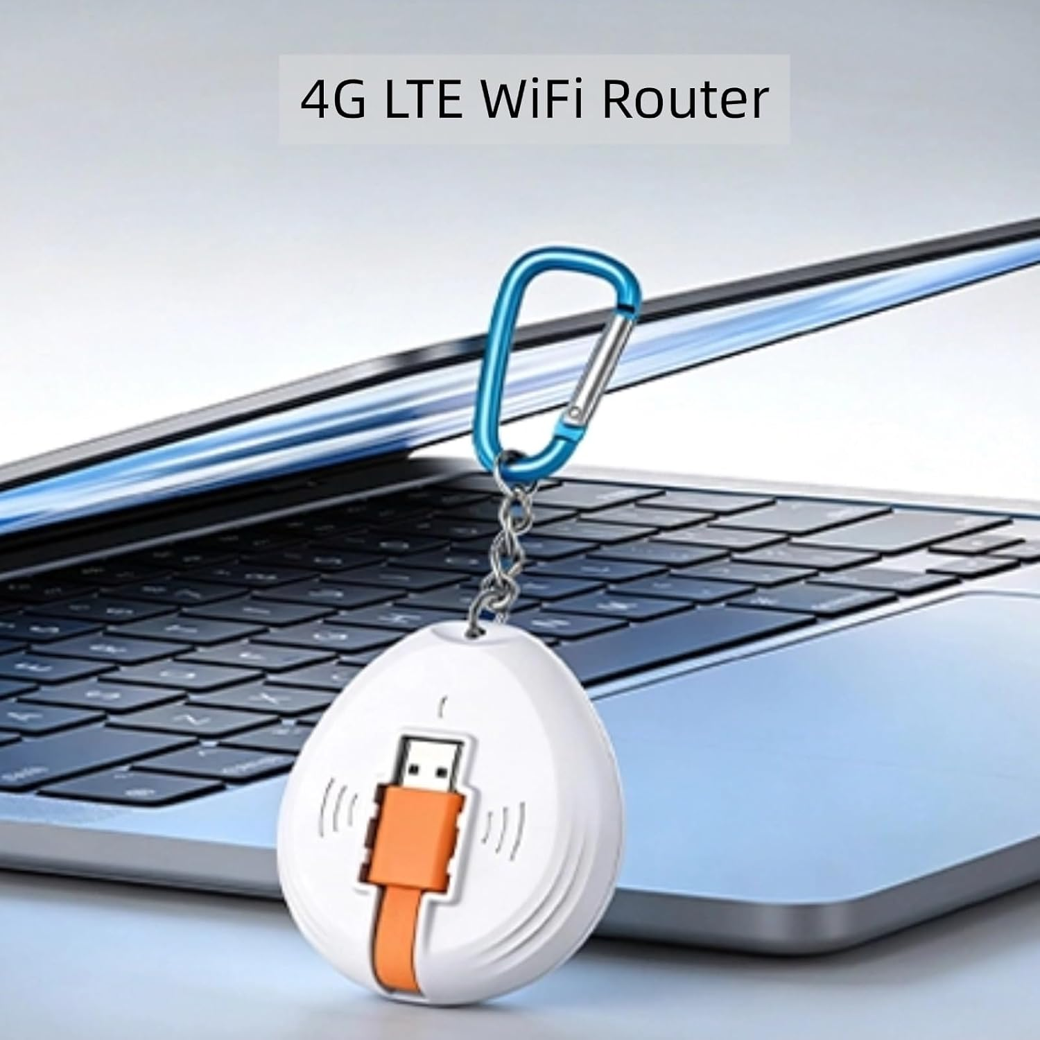 Ein weißer 4G-LTE-WLAN-Router mit einer USB-Einheit und blauem Karabiner hängt über einem Laptop.