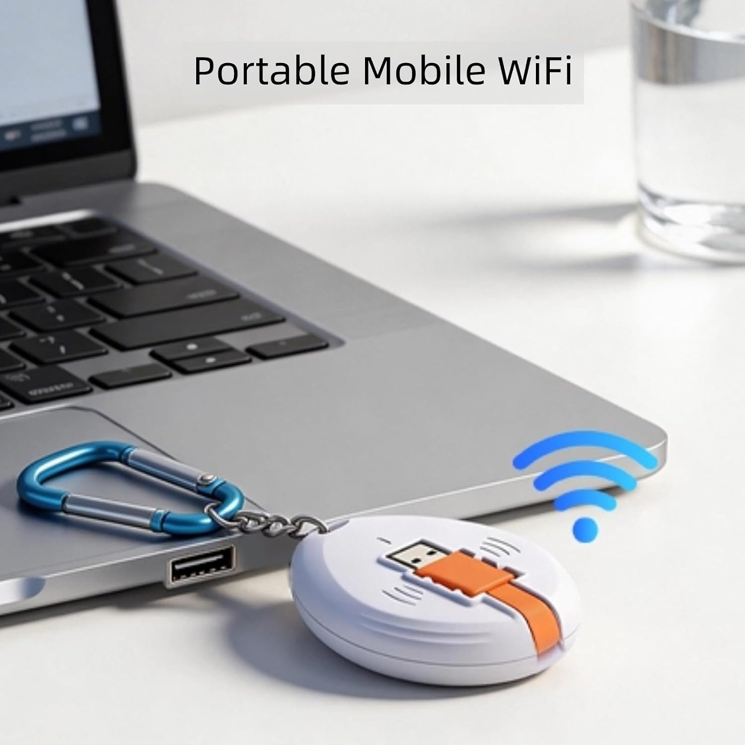 Ein weißes, tragbares WLAN-Gerät mit orangem USB-Kabel liegt neben einem Laptop.