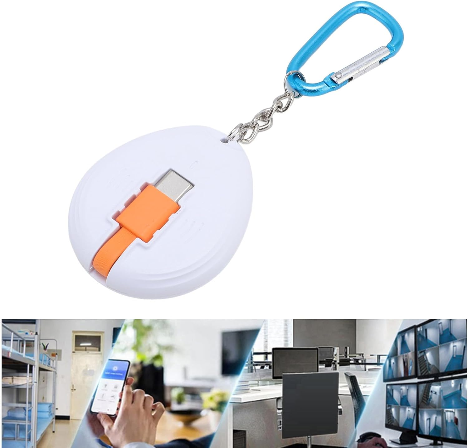 Ein weißer, eiförmiger Ladeanhänger mit orangefarbenem Kabel und blauem Karabinerhaken.