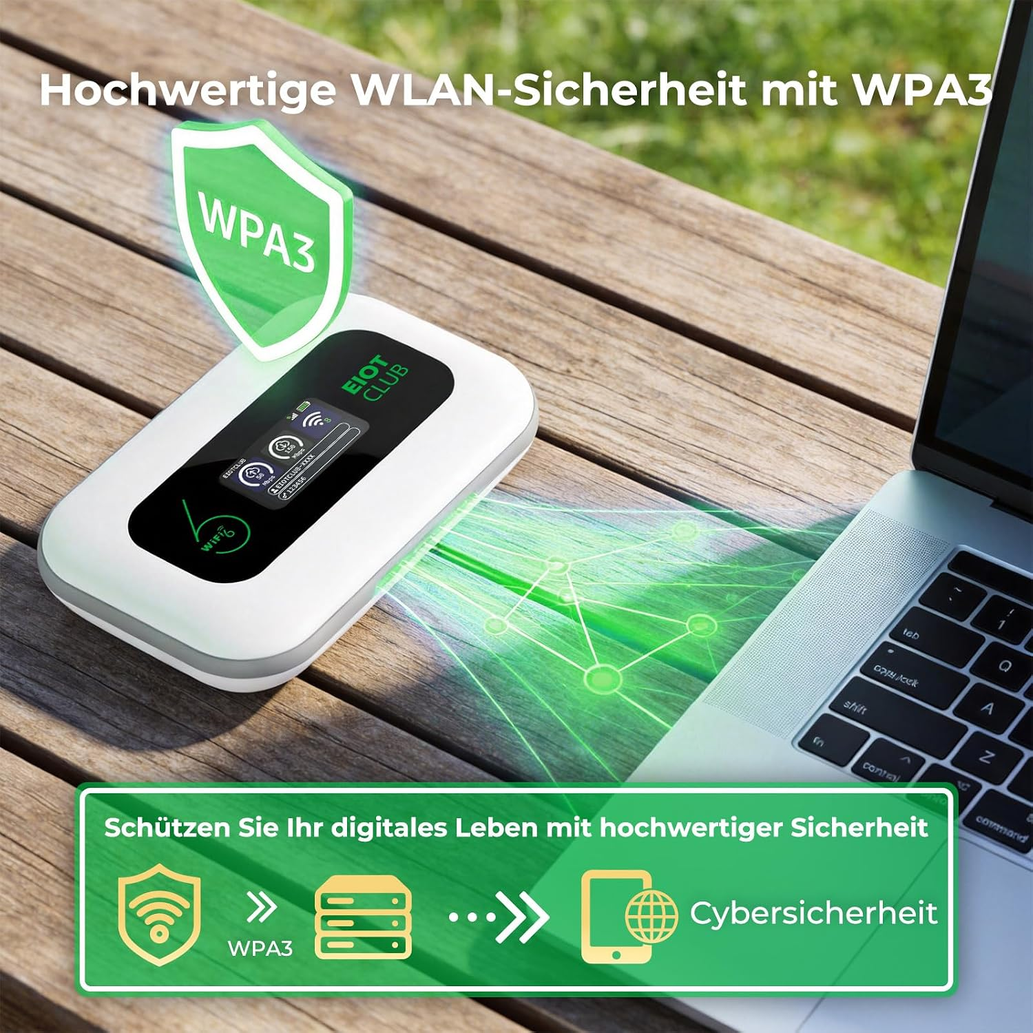 Tragbarer WLAN-Router auf Holztisch neben Laptop mit digitaler WPA3-Sicherheitsgrafik.