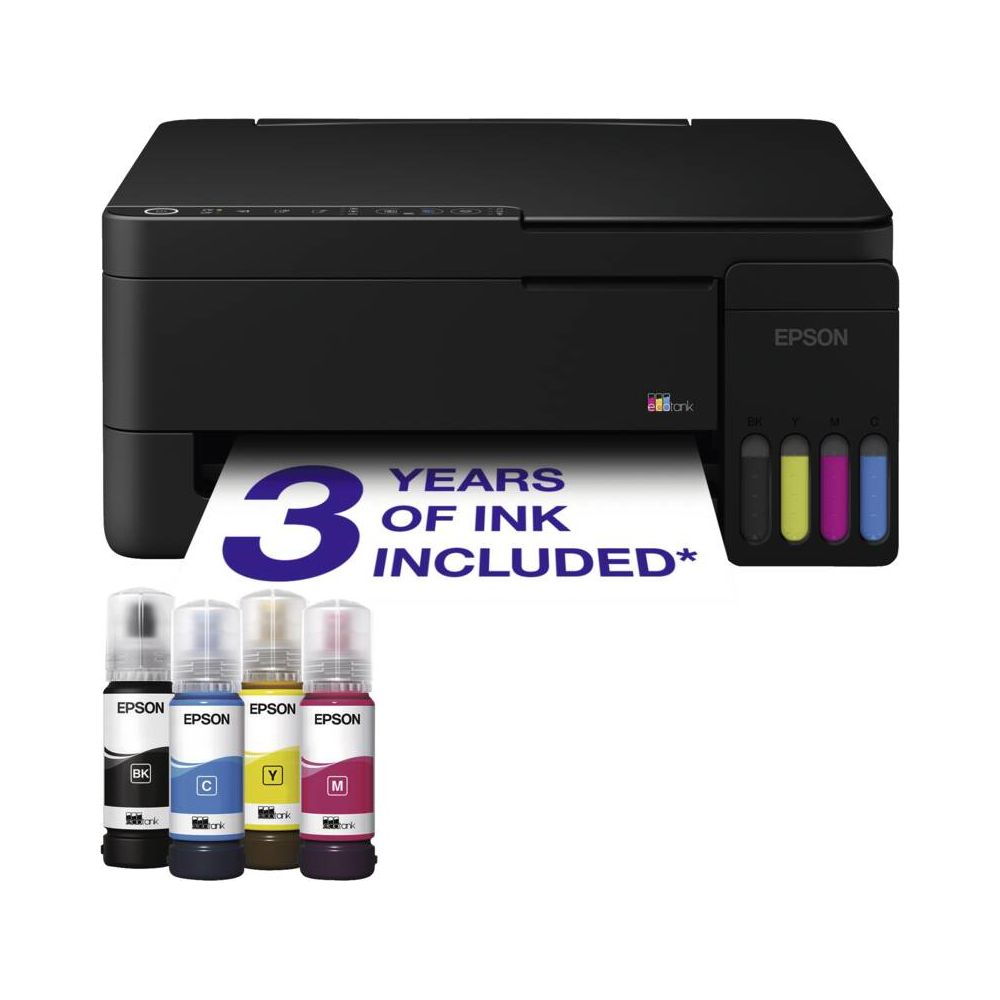 Epson EcoTank Drucker mit vier Tintenflaschen und Text zum Lieferumfang auf Papier.