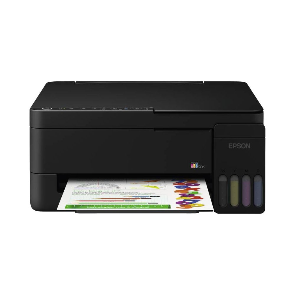 Ein schwarzer Epson EcoTank Drucker druckt ein farbiges Dokument aus.