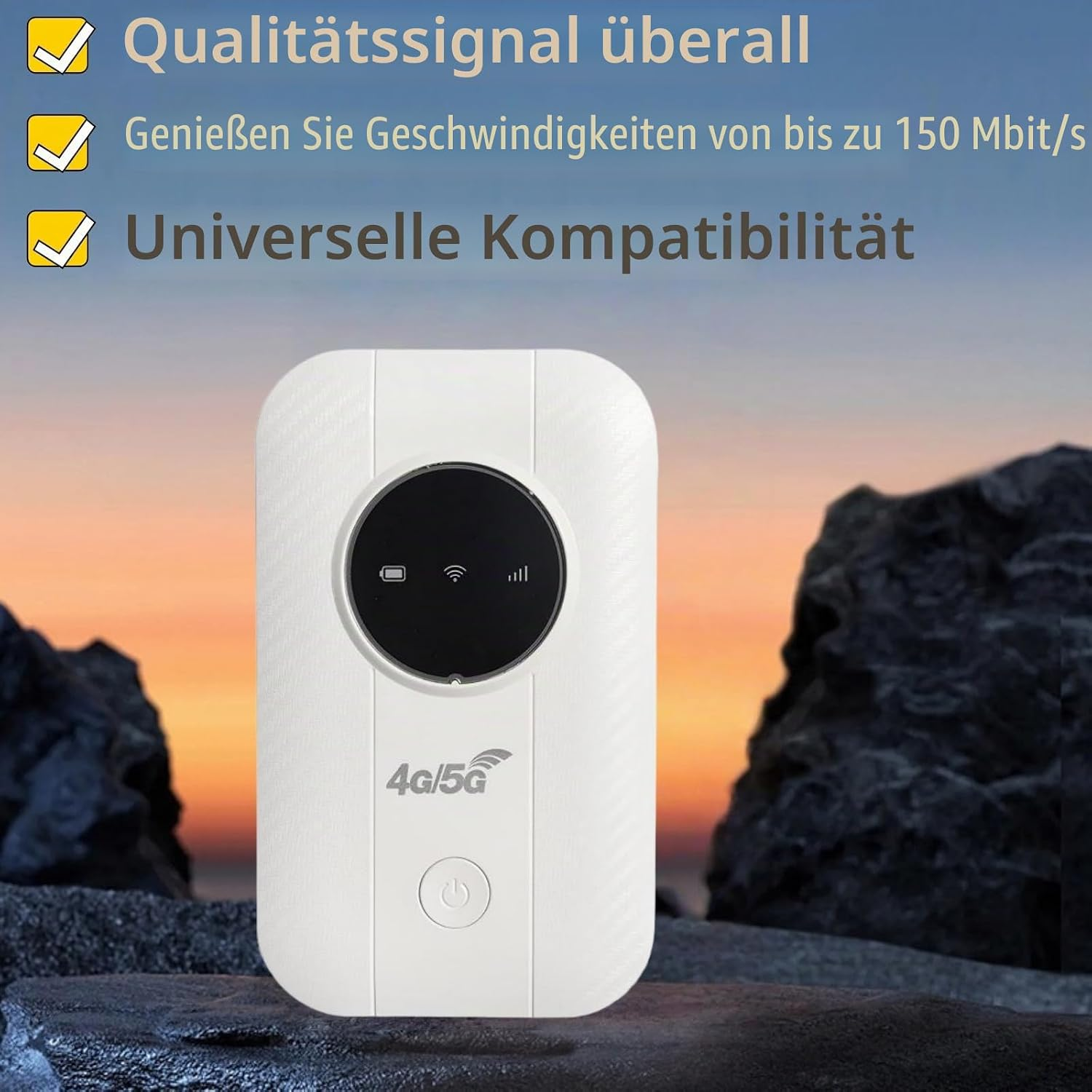 Ein weißer tragbarer 4G/5G-Router steht vor Sonnenuntergang und deutschem Text.