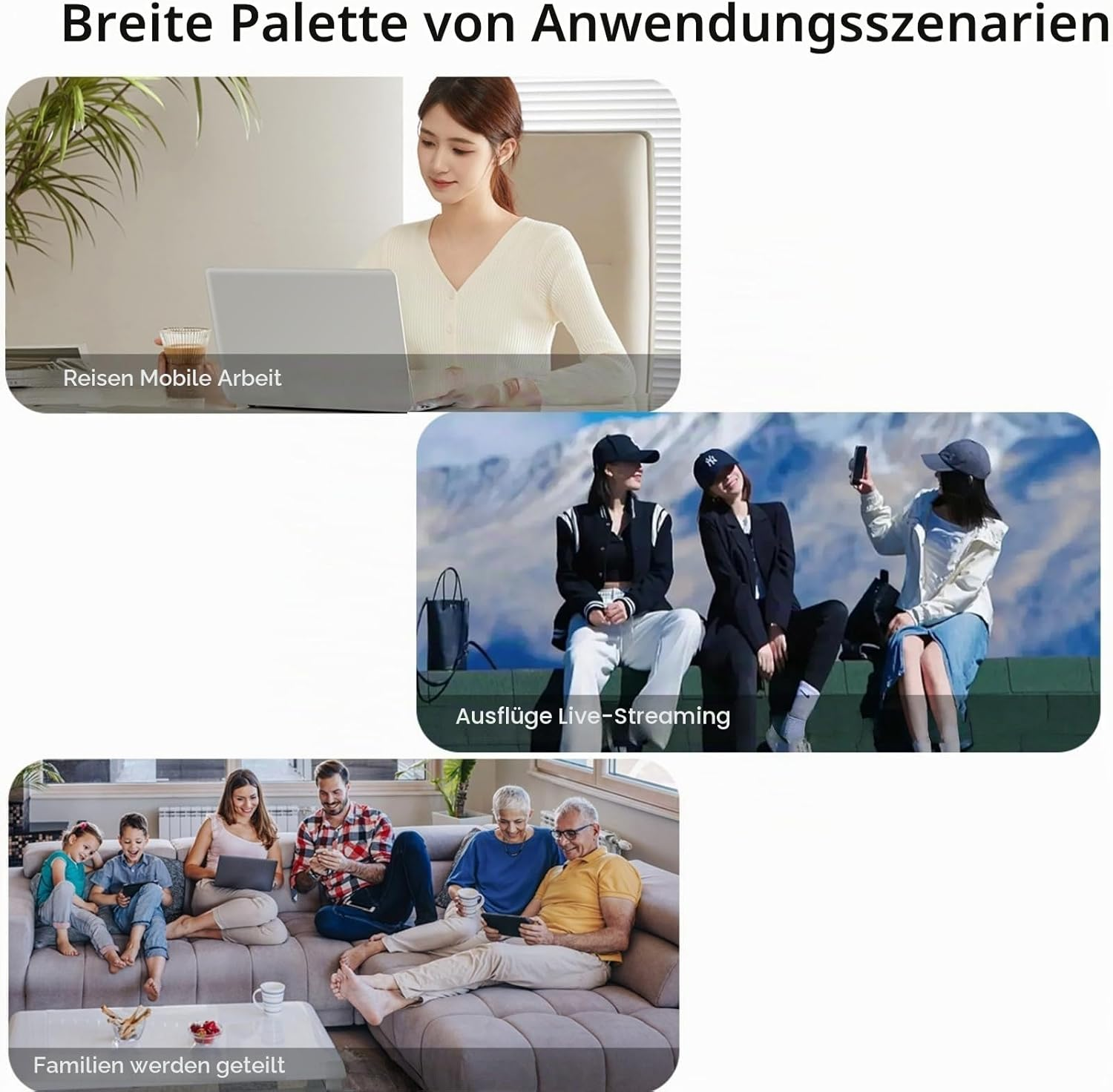 Collage von Personen mit Geräten: eine Frau am Laptop, drei Freunde draußen, und eine Familie auf einem Sofa.