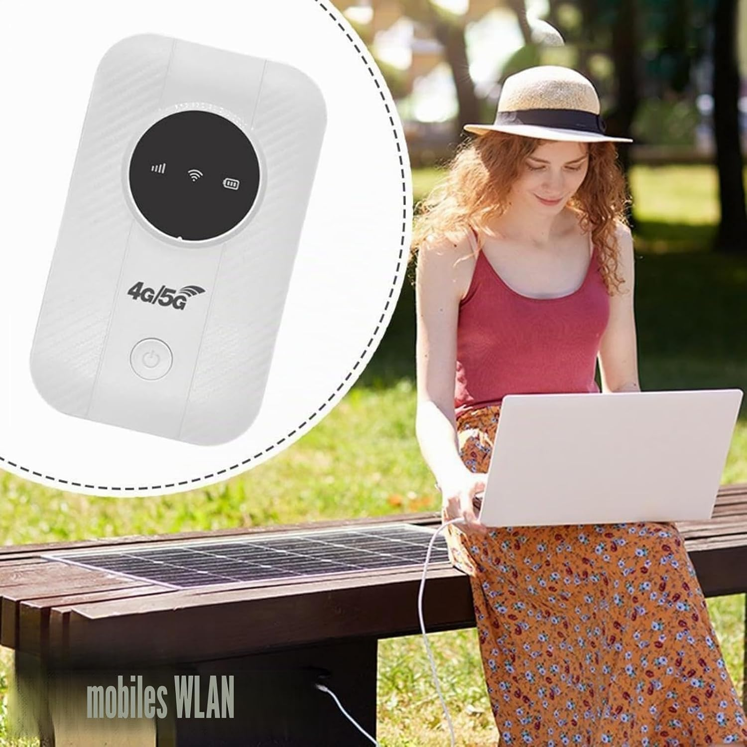 Eine Frau nutzt einen Laptop auf einer Parkbank, neben einem Solarpaneel, mit einem mobilen WLAN-Router.