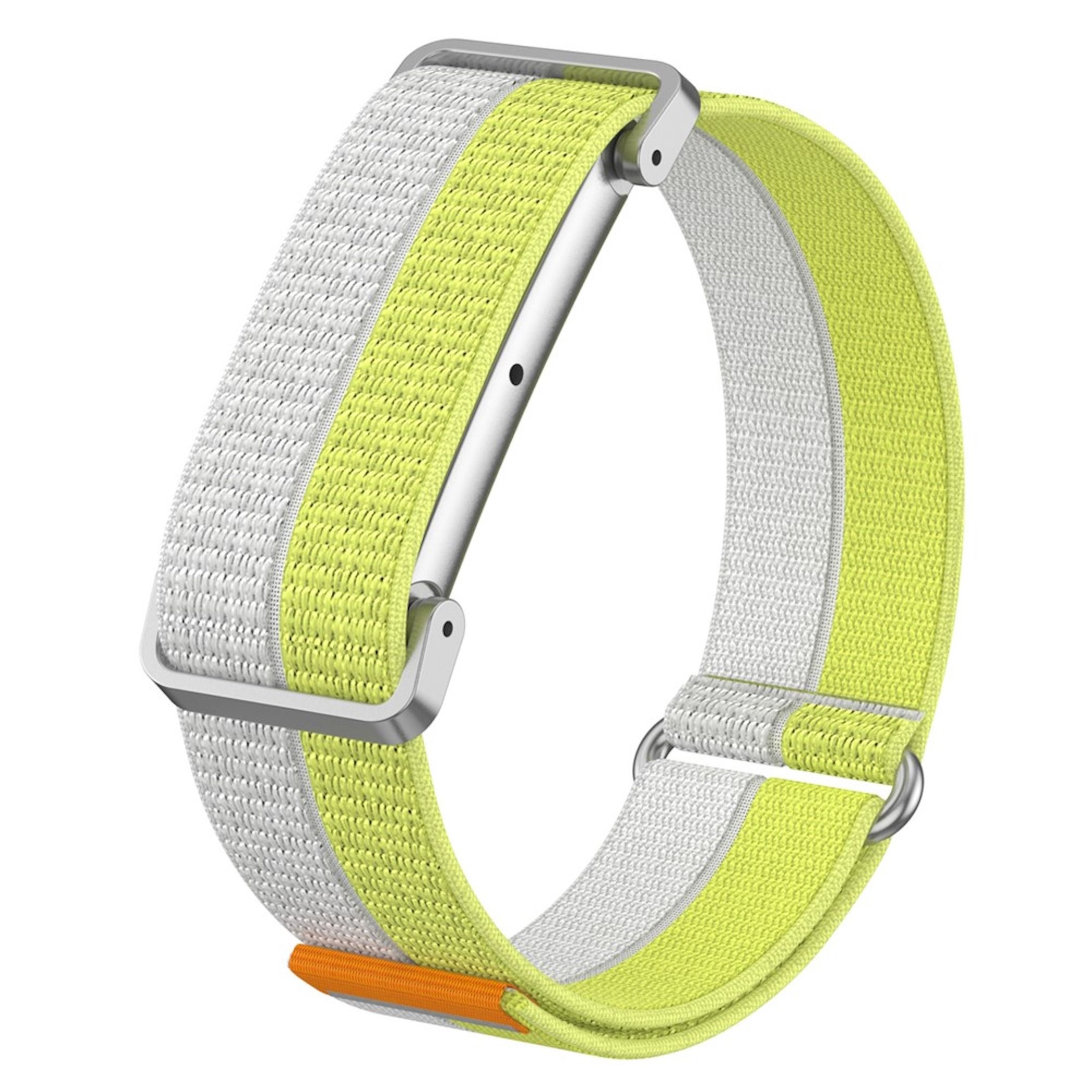 Ein weiß-gelbes Nylon-Uhrenarmband mit silbernen Metallschnallen vor weißem Hintergrund.