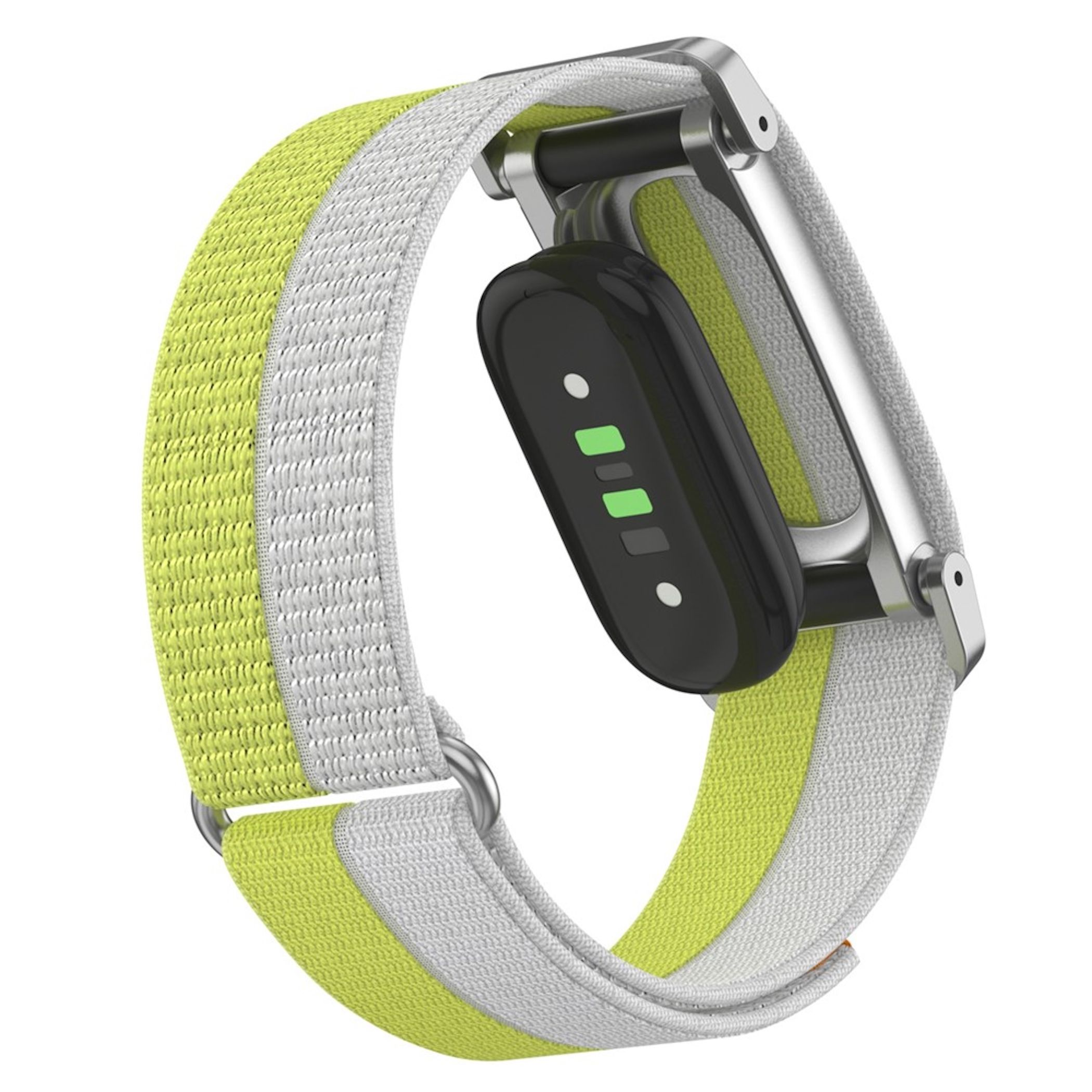Fitness-Tracker mit grün-weißem Stoffarmband und Sensor auf weißem Hintergrund.