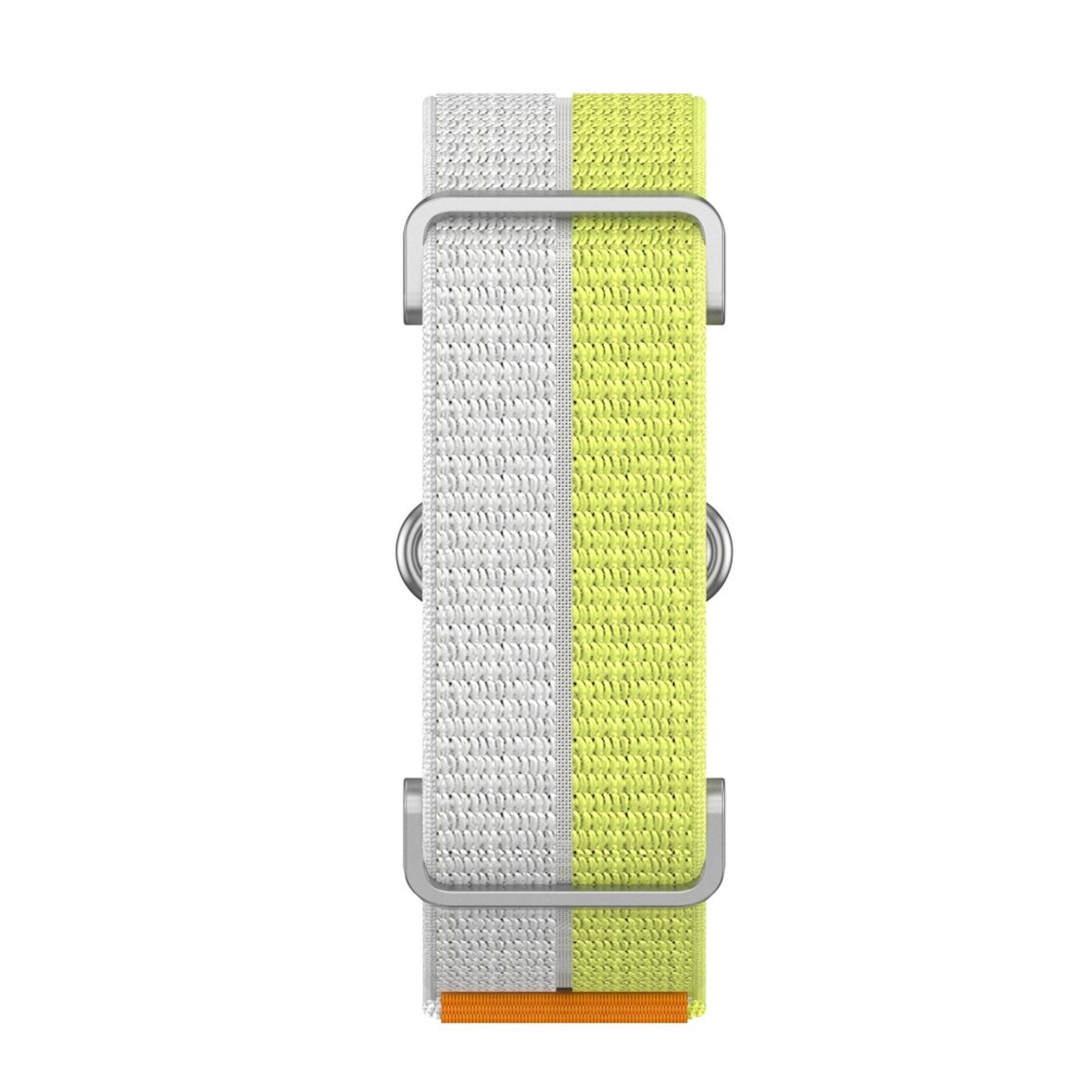 Ein weiß-gelb gestreiftes Nylon-Uhrenarmband mit silbernen Metallschließen und einem orangefarbenen Akzent.