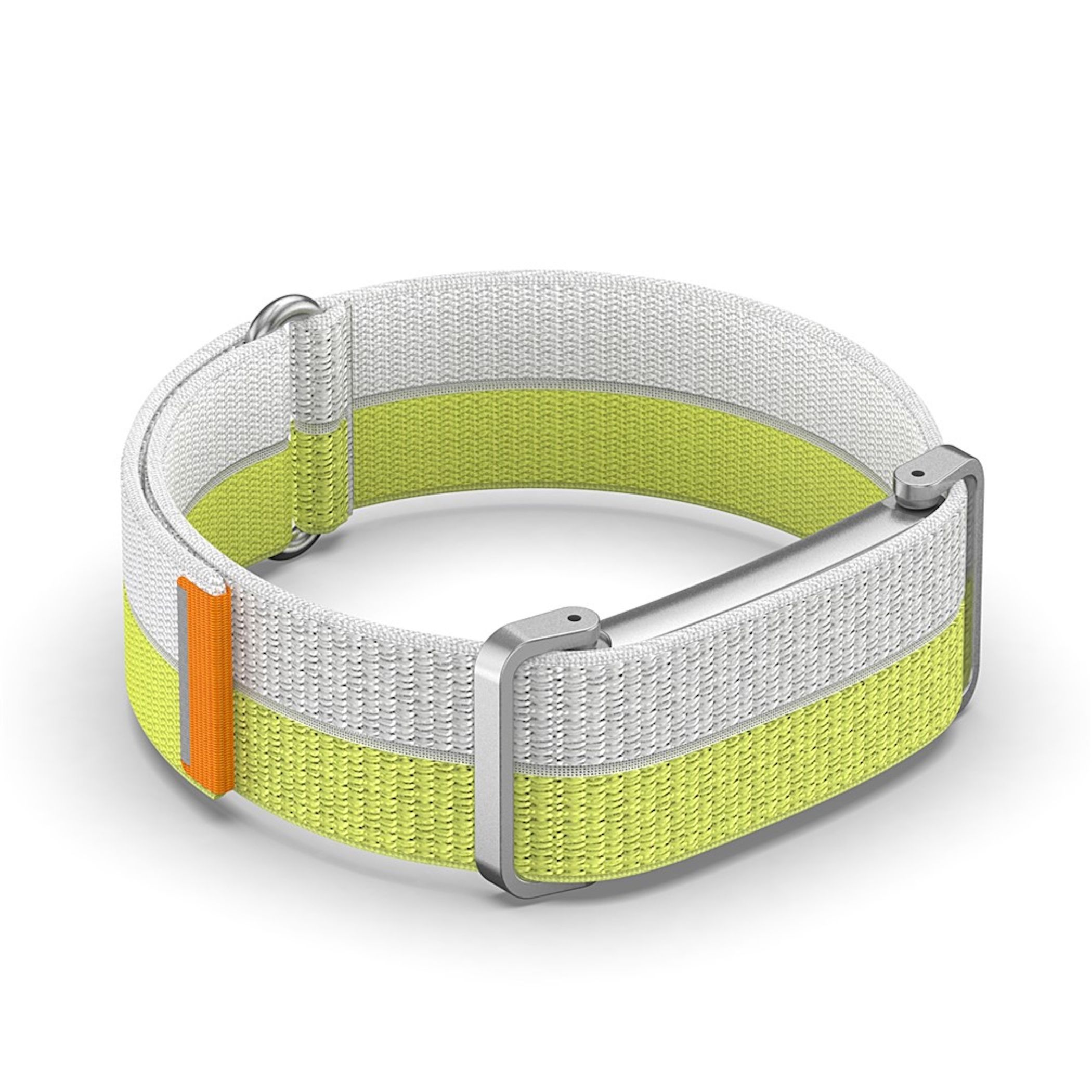 Weiß-gelbes gewebtes Uhrenarmband mit silberner Metallschließe und orangefarbener Lasche vor weißem Hintergrund.