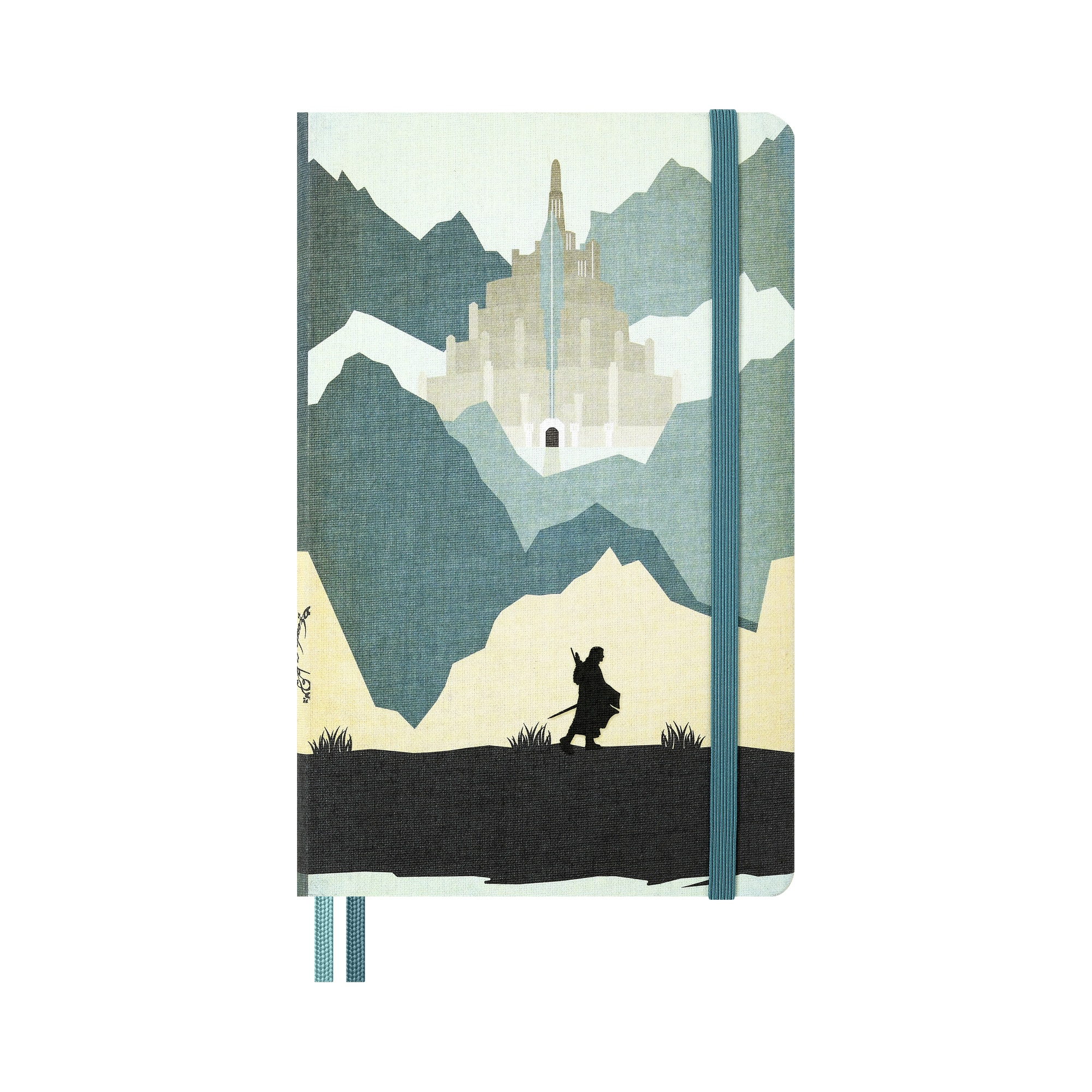 Ein Notizbuch mit einem Bild von Minas Tirith und einer dunklen Gestalt im Vordergrund, gesichert mit einem blauen Band.