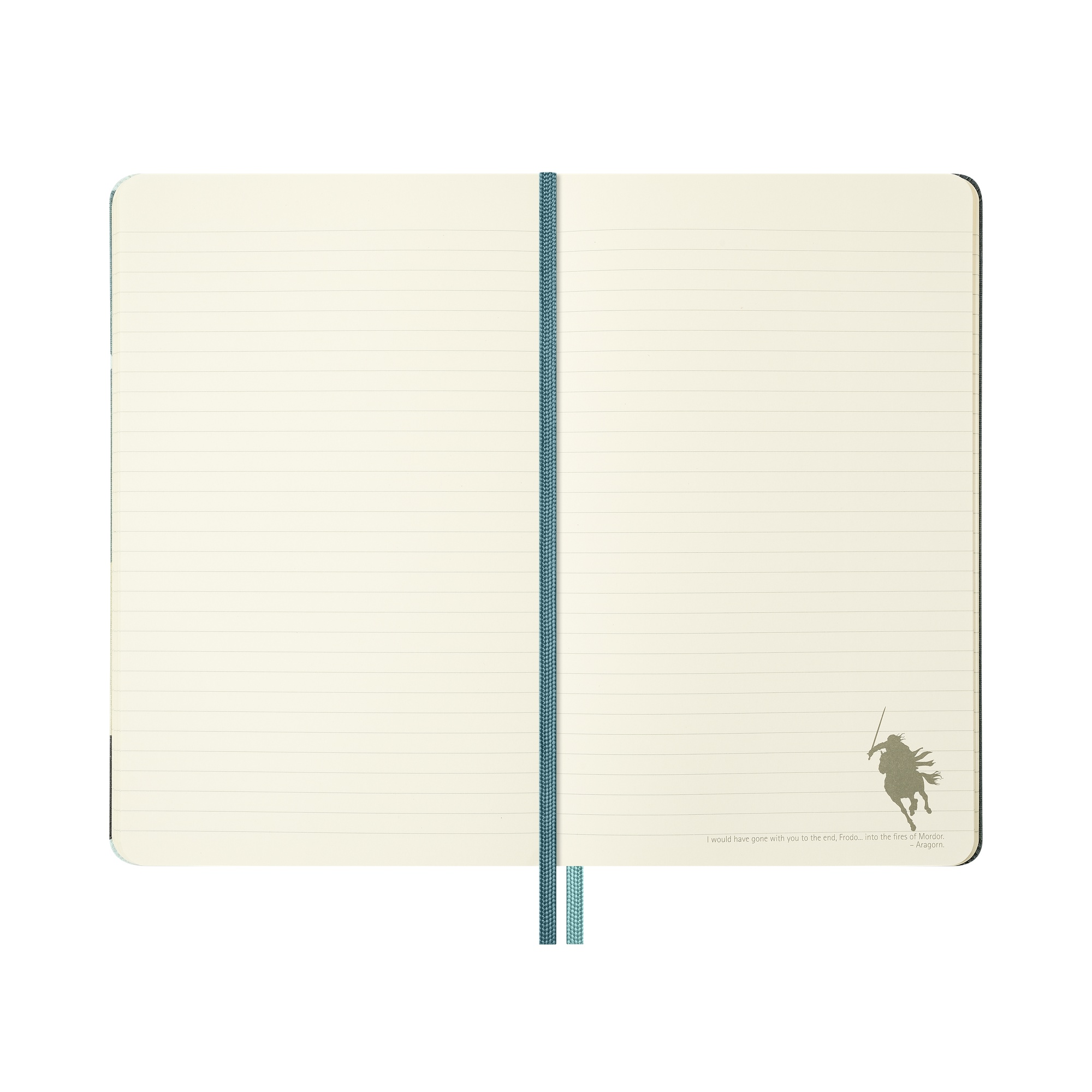 Ein offenes, liniert beigefarbenes Notizbuch mit einem blauen Lesezeichen und einem kleinen Reiter-Symbol.