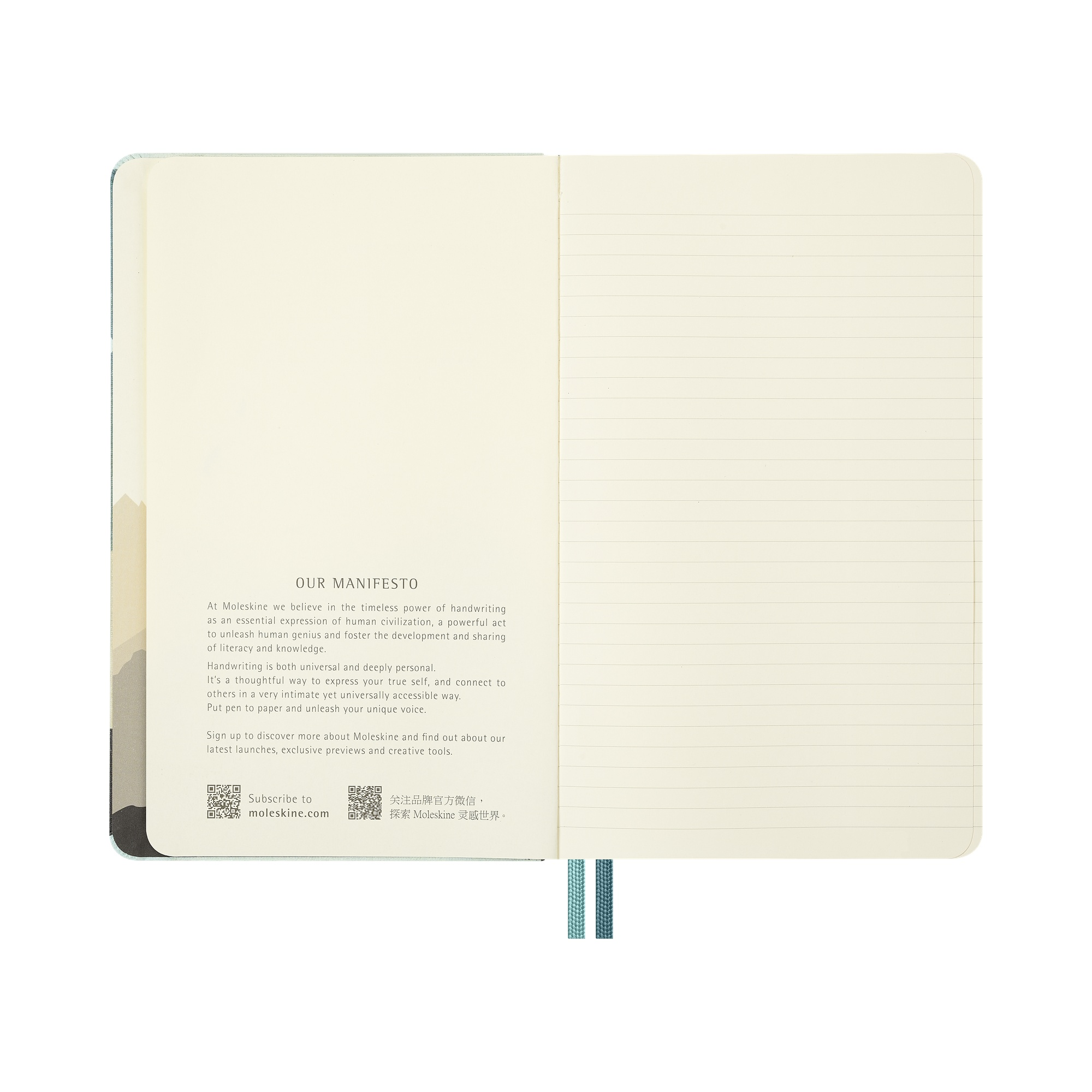 Ein offenes Notizbuch mit einem Manifest auf der linken und linierter Seite rechts.