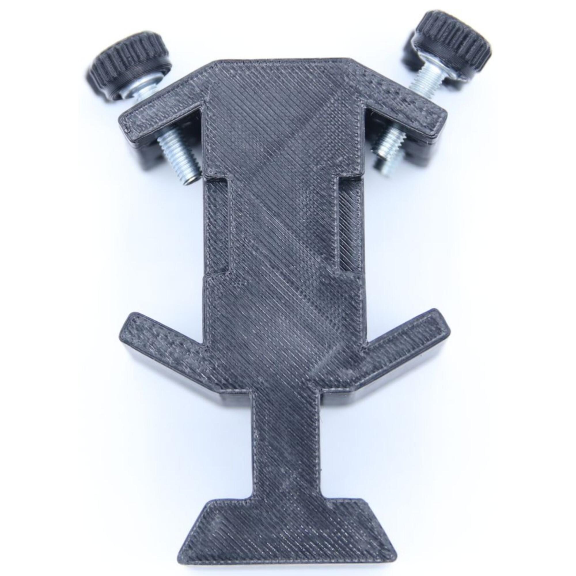 Ein 3D-gedruckter schwarzer Halter mit zwei Einstellschrauben auf einem weißen Hintergrund.