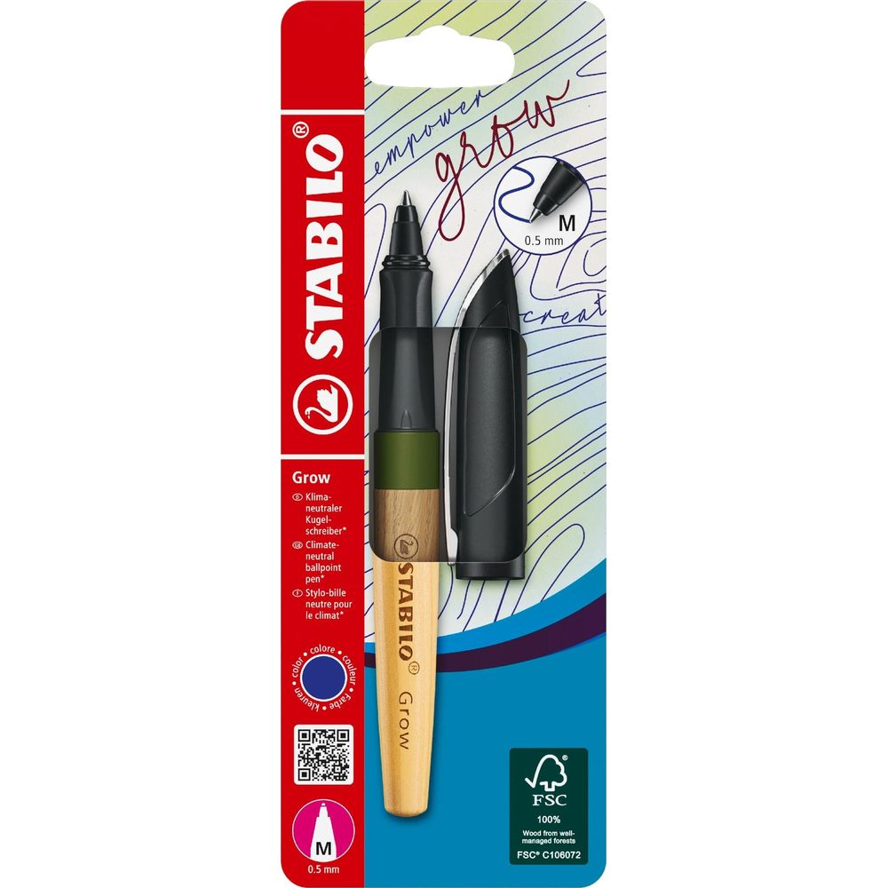Stabilo Grow Kugelschreiber in Verpackung mit holzfarbenem Schaft und schwarzer Kappe.