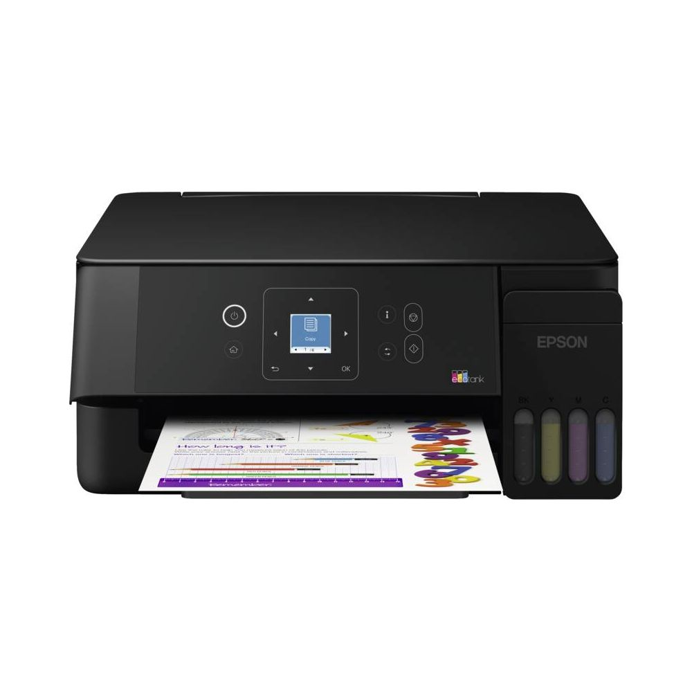 Ein schwarzer Epson EcoTank Drucker mit Bedienfeld und sichtbaren Tintentanks rechts.