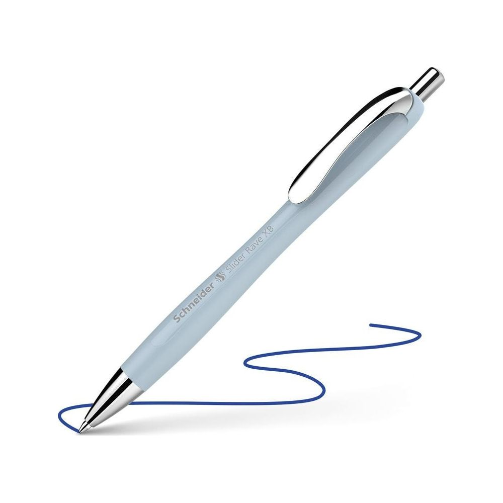 Ein blauer Schneider Kugelschreiber mit silbernem Clip und Spitze zeichnet eine blaue Linie auf weiße Oberfläche.