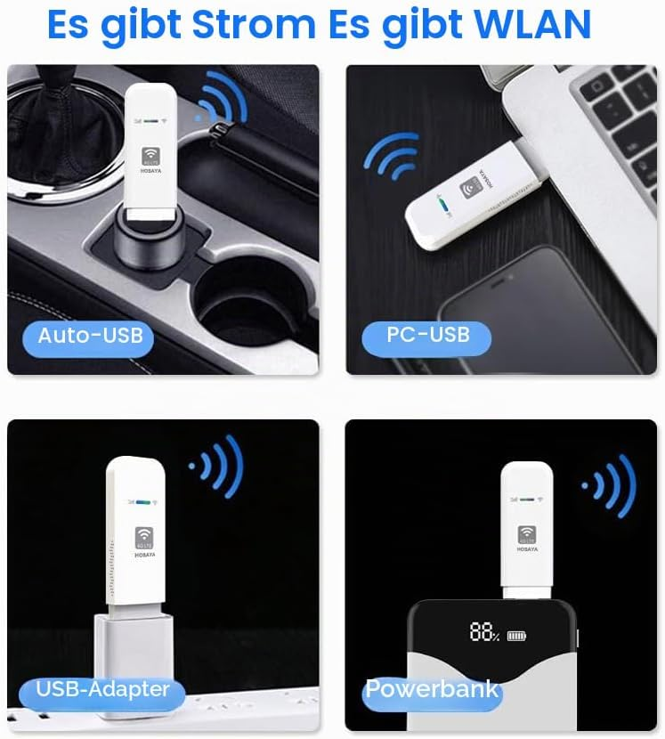 Ein weißer USB-WLAN-Stick verbunden mit Autoladegerät, Laptop, Wandadapter und Powerbank, mit WLAN-Signalen.