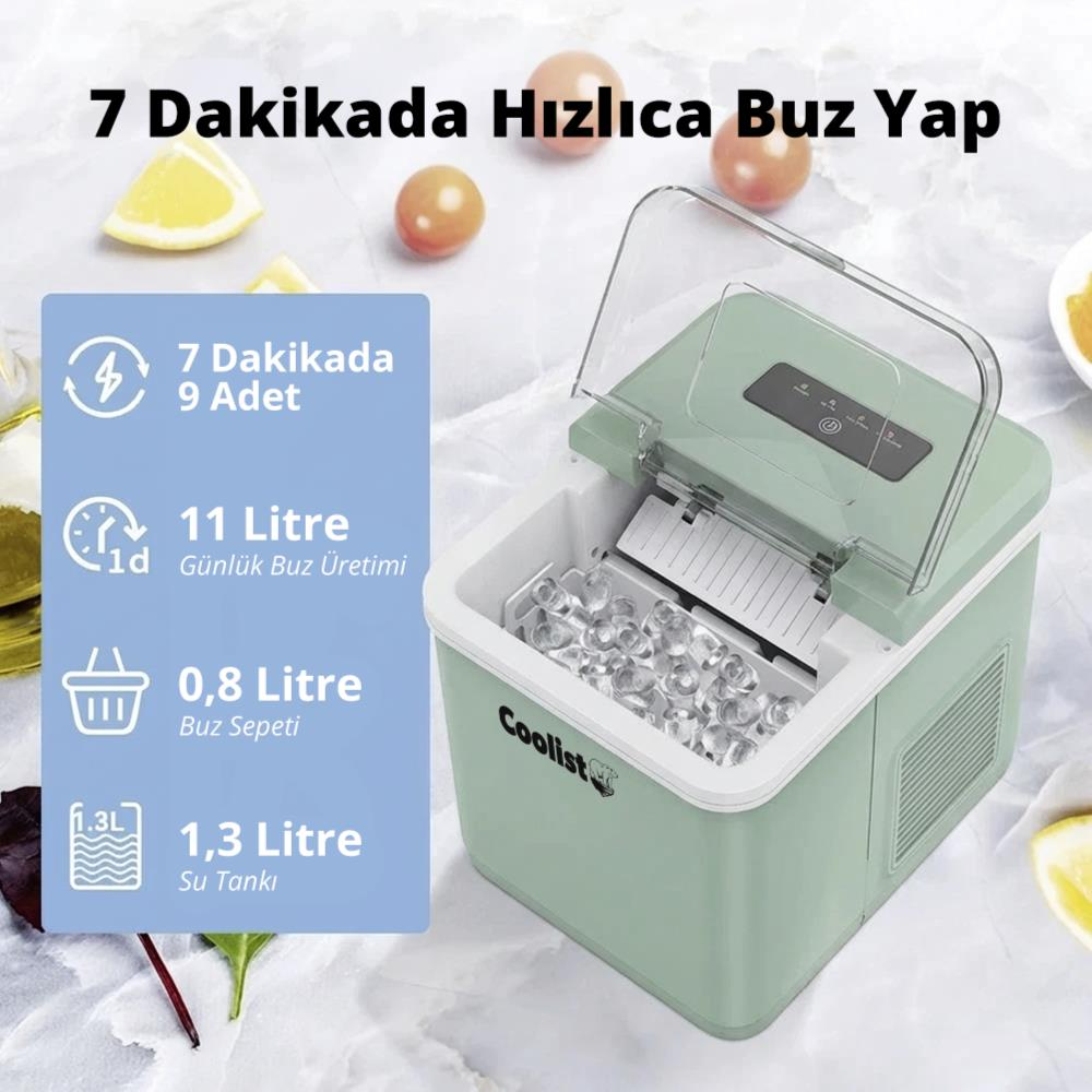 Şeffaf kapaklı, içi buz küpleriyle dolu nane yeşili buz makinesi, bilgi grafikleri ve meyvelerin yanında.